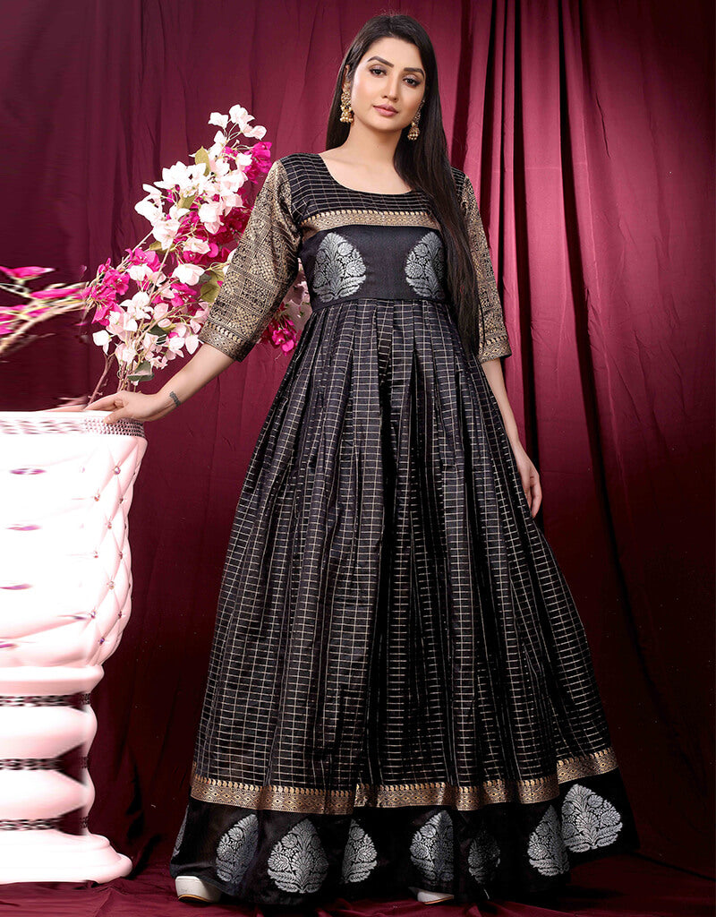 Elegant Black Silk Designer Gown for Women - Perfect for Evening Parties, Weddings & Special Occasions