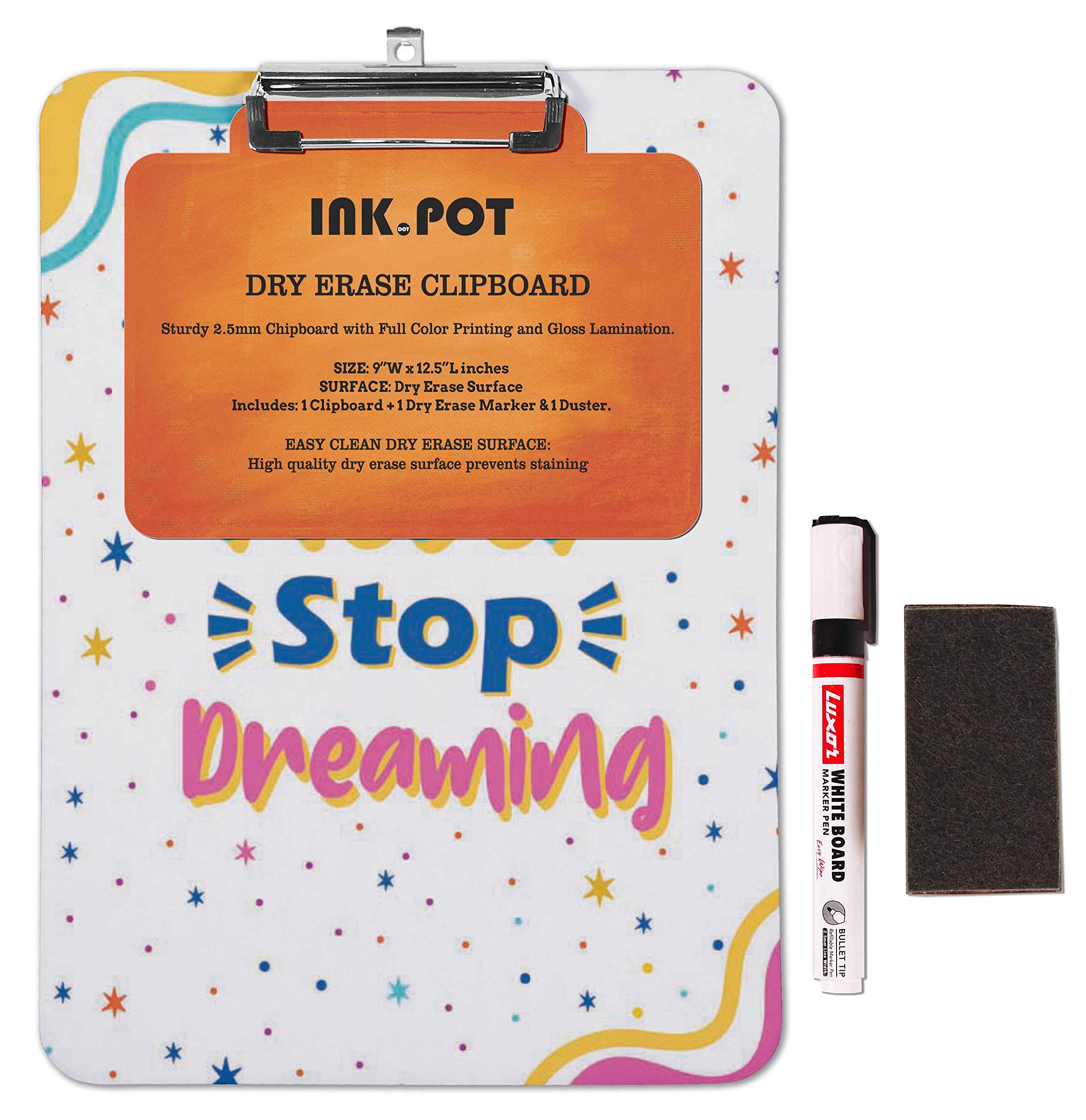 Double Sided Dry Erase Clipboard - Letter Size 9x15 with Marker & Duster for Office & School