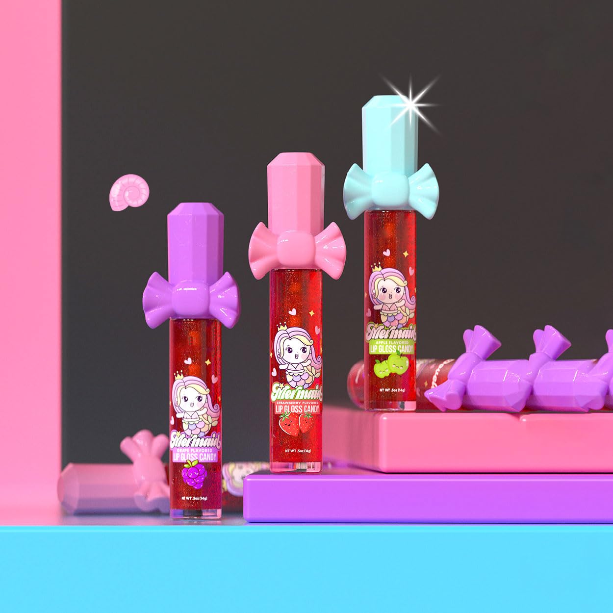 Mermaid Lip Gloss 4-Pack - Strawberry, Grape & Apple Flavors for Beach Party Favors