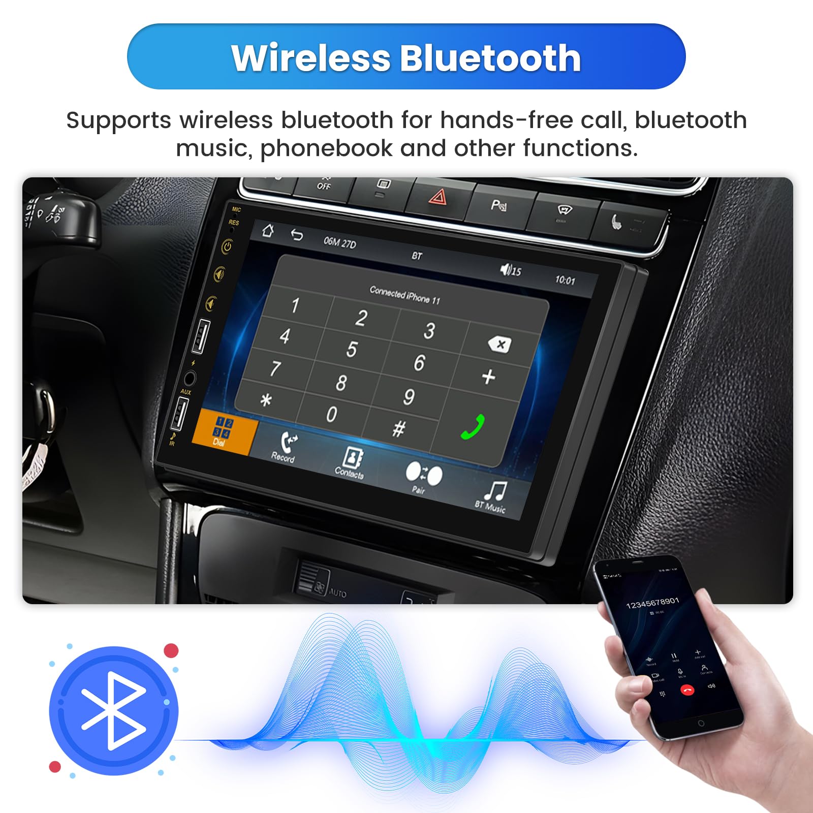 Hikity 7 Inch Single Din Car Stereo with Apple CarPlay & Android Auto - Bluetooth Touch Screen Car Radio with Mirror Link, FM, Dual USB/AUX, SWC & Backup Camera - Perfect for Road Trips, Commuting & Hands-Free Driving
