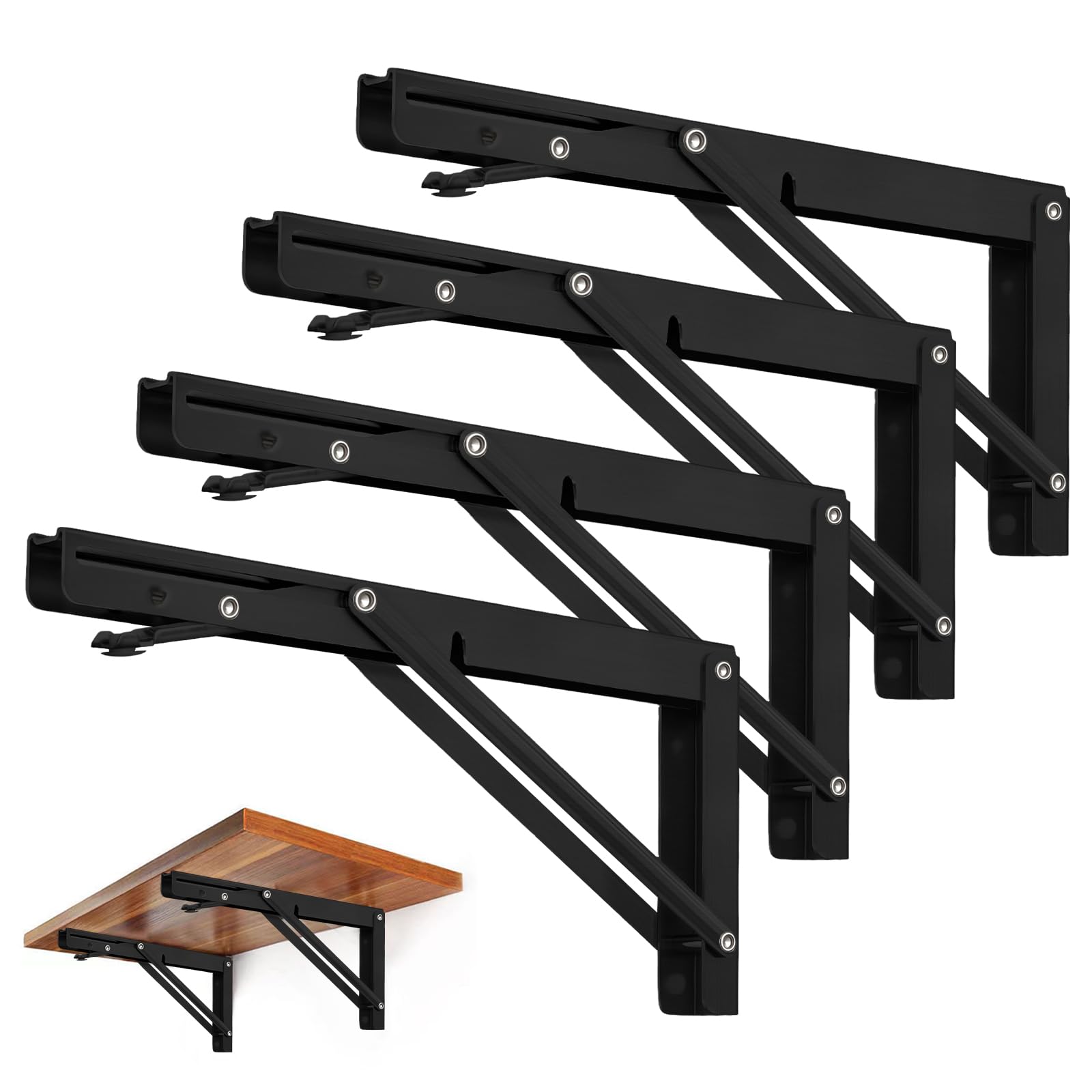 Heavy Duty Folding Shelf Brackets - 150lb Max Load for DIY & Space Saving (4PCs, Black) - Perfect for Wall Mounted Shelves & Tables