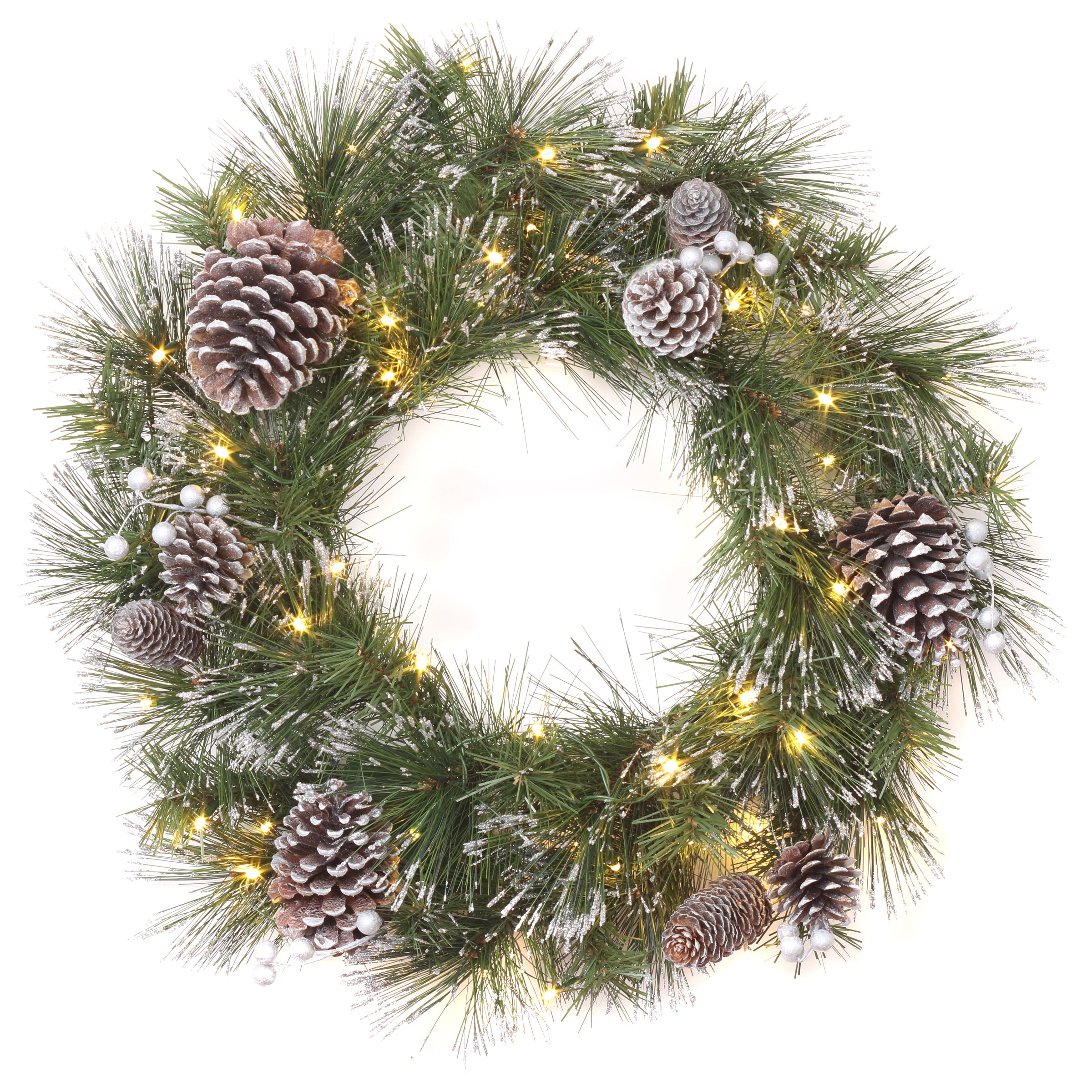 24 Inch Pre-Lit Whitter Pine Wreath with Warm White LED Lights - Perfect for Christmas Door Decor, Holiday Home Decoration & Winter Mantel Display