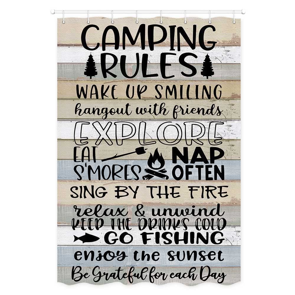 Happy Camper Rules RV Shower Curtain - Rustic Wood Board Farmhouse Motorhome Decor for Travel Trailers | Waterproof Fabric Bathroom Curtain 47x64 Inches | Perfect for Camping, RV Trips & Outdoor Adventures