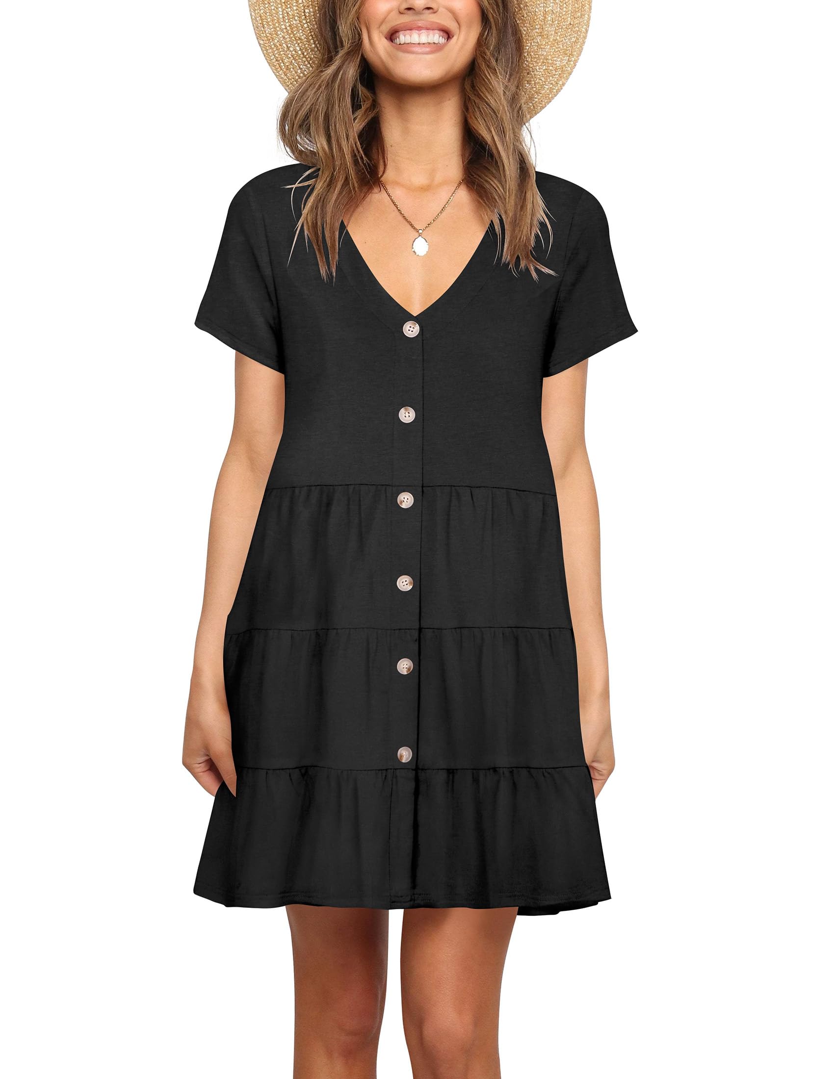 Nova In Sky Women's Summer Dresses 2025 - Short Sleeve V-Neck Casual Swing Dress with Buttons | Loose Fit T-Shirt Dress for Beach, Vacation & Everyday Wear