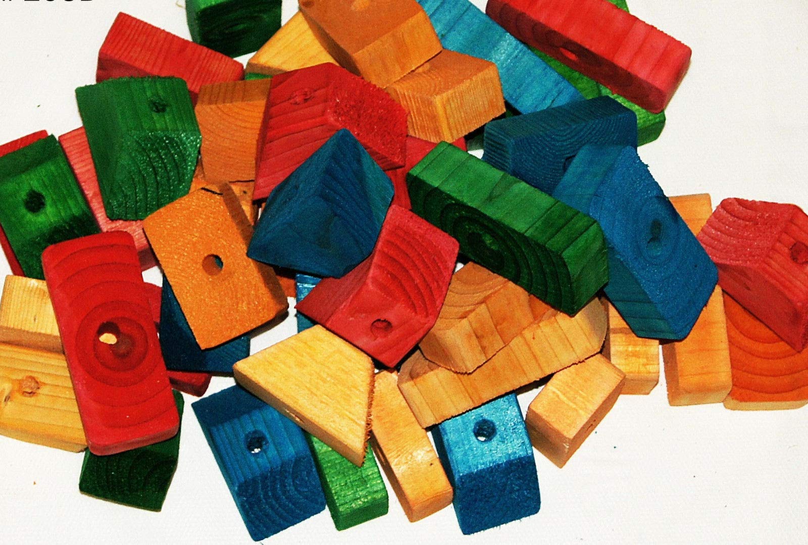 50 Pcs Natural Wooden Blocks with Holes - Colorful Bird Toys for Parrots, Macaws & Cockatoos - Safe Chewing & Foraging Activity for Pet Birds