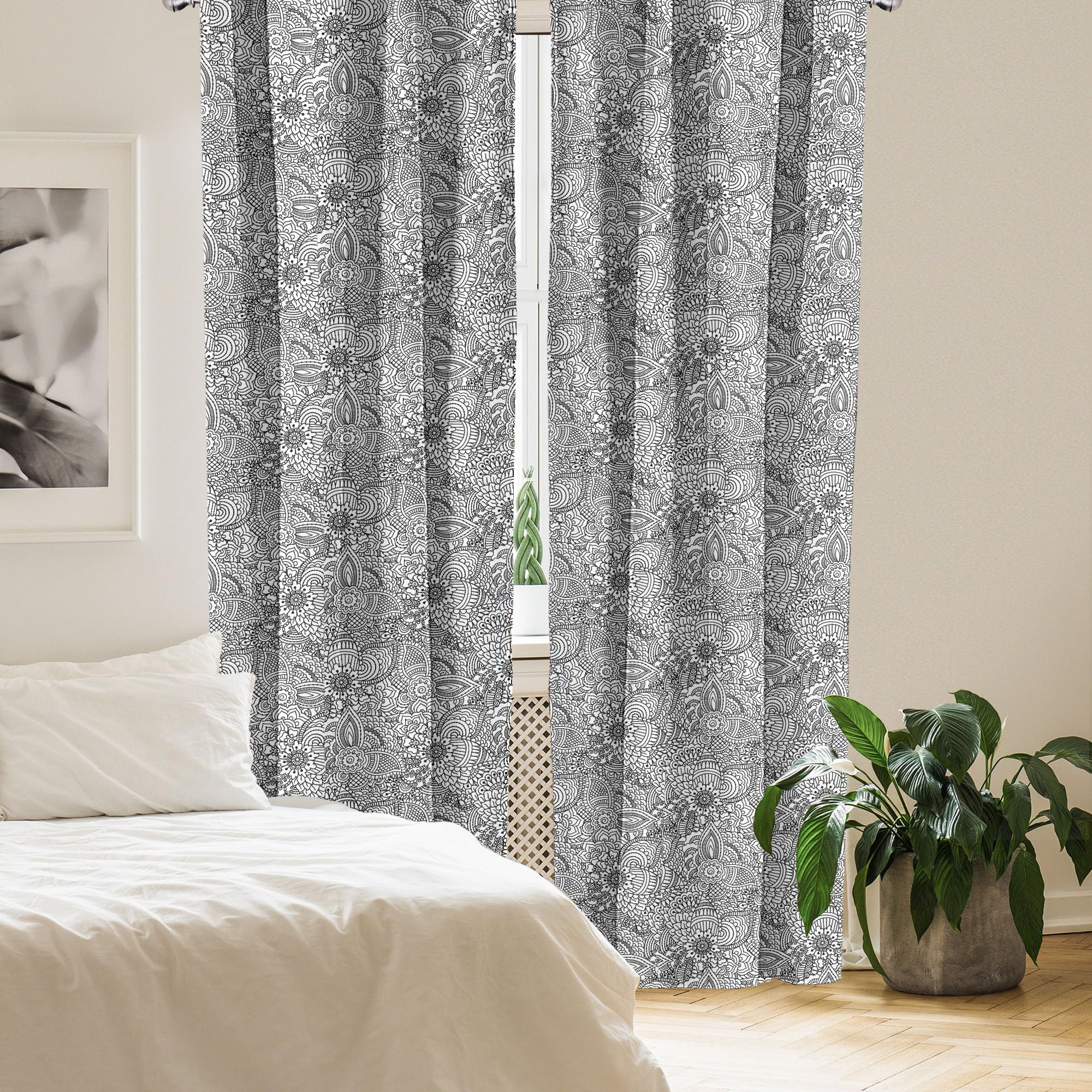 Ambesonne Oriental Window Curtains - Monochrome Cultural Folk Pattern with Intricate Swirls & Leaves, Lightweight 2-Panel Set with Rod Pocket (28
