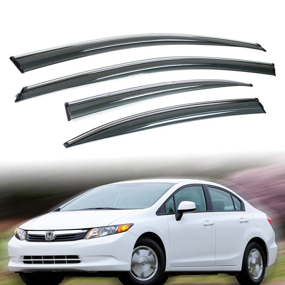Chrome Window Deflectors for 2012-2015 Honda Civic 4 Door Sedan - Tape-On Window Visors & Rain Guards - Perfect for Rain Protection and Improved Ventilation While Driving