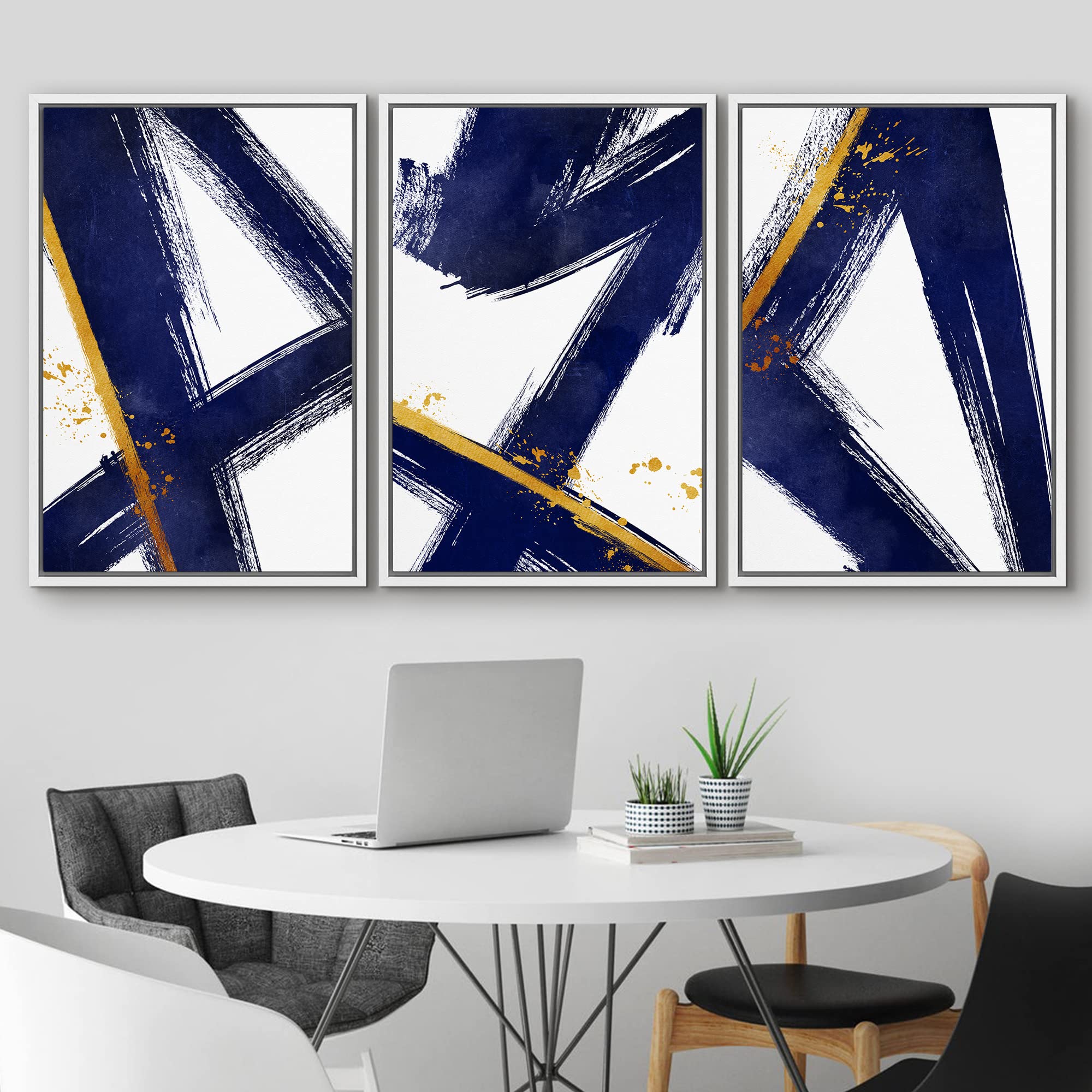IDEA4WALL Framed Canvas Wall Art Set - Blue & Gold Geometric Graffiti Abstract Painting with Modern Stripes & Shapes, 24