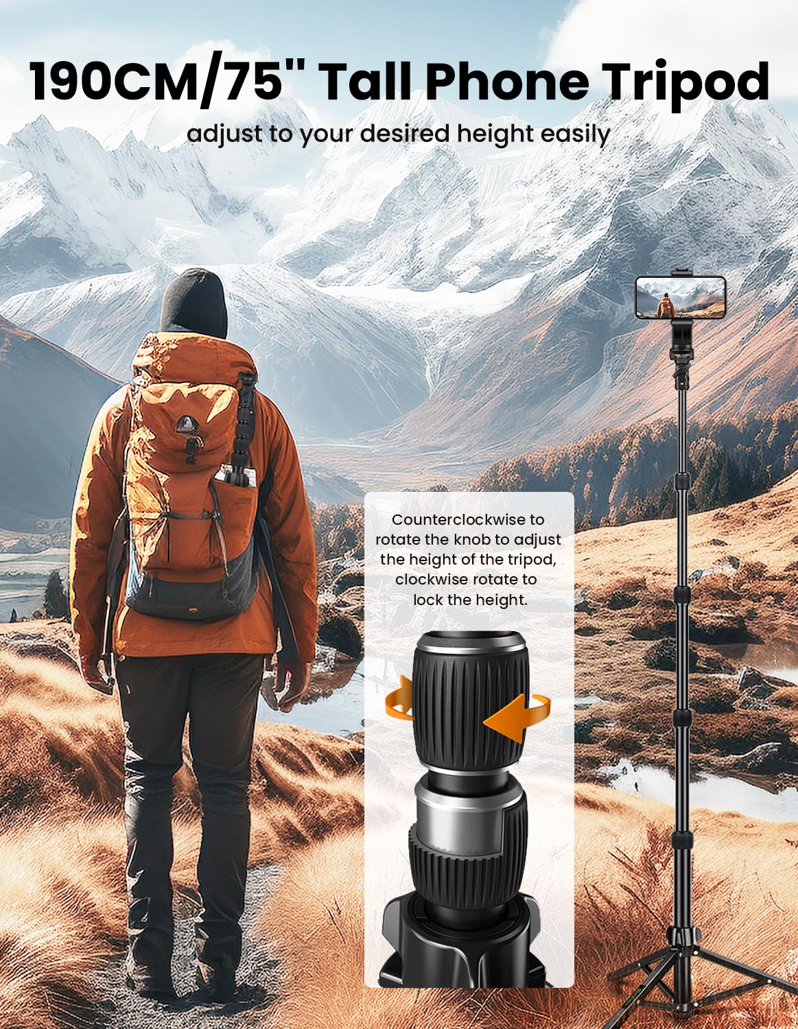 Nineigh 190cm Aluminum Phone Tripod with Remote & Holder - Extendable Selfie Stick Stand for iPhone, Samsung, Huawei & Action Cameras - Perfect for Vlogging, Live Streaming & Outdoor Photography
