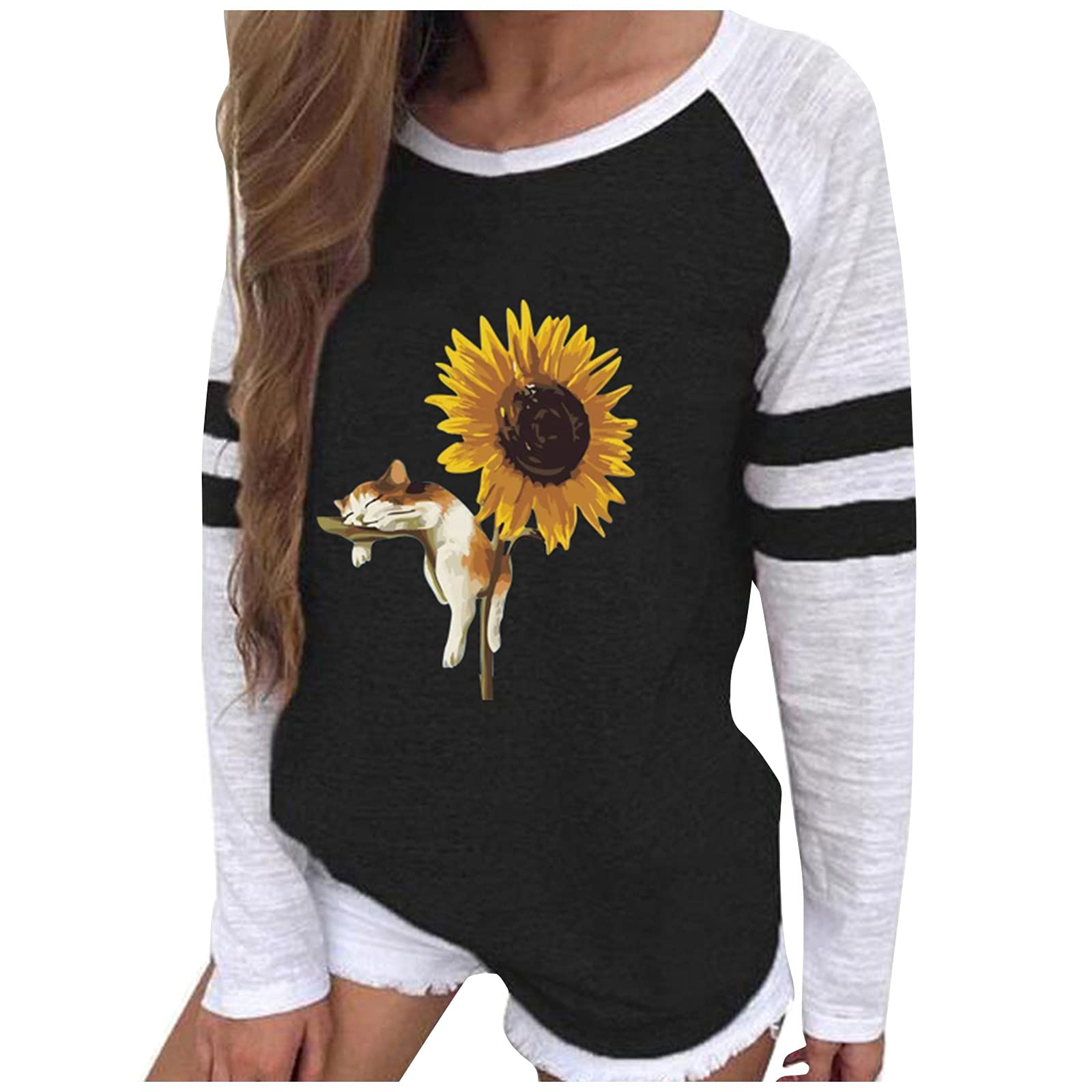 UODSVP Women's Casual Cat Print Long Sleeve T-Shirt - Fashion Round Neck Loose Blouse for Daily Wear, Work & Weekend Outfits