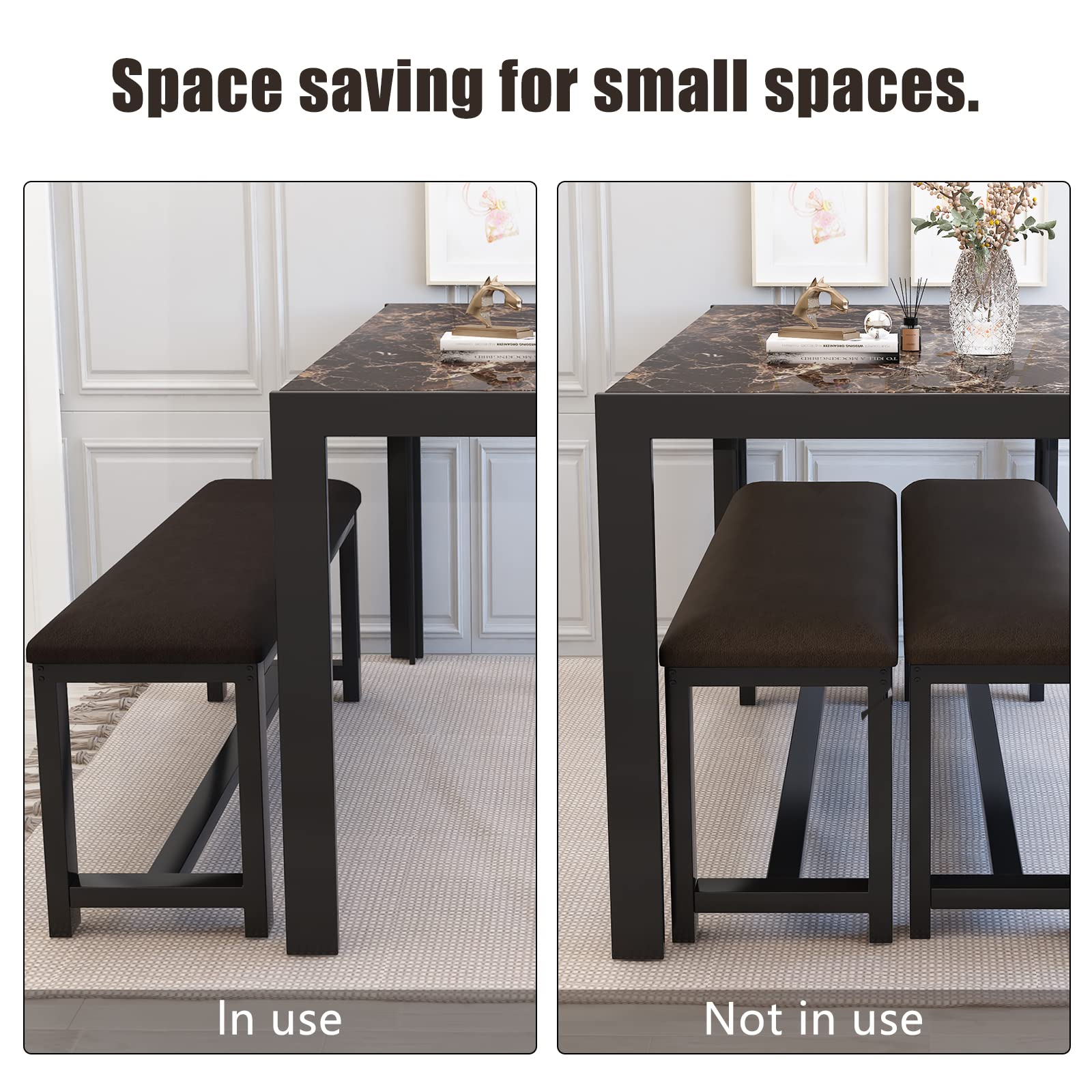 Modern 4-6 Person Dining Table Set with 2 PU Leather Benches - Faux Marble Top Breakfast Nook Set for Small Spaces & Apartments (Brown) - Perfect for Compact Homes, Studio Apartments & Cozy Kitchen Dining Areas
