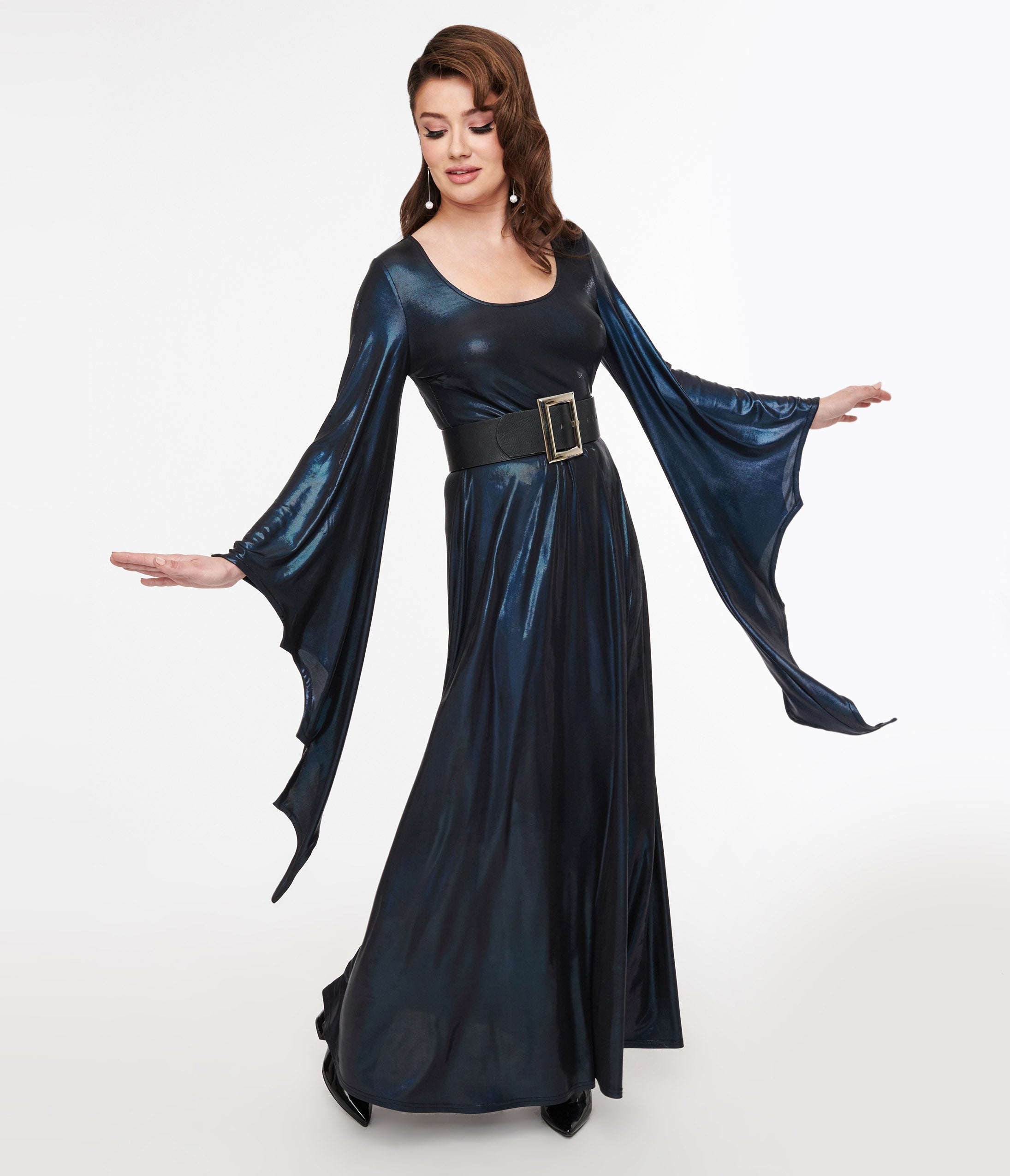Smak Parlour Y2K Iridescent Dark Blue Bat Wing Sleeve Maxi Dress | Trendy 2000s Vintage Style Long Dress for Women | Perfect for Parties, Date Nights & Festivals
