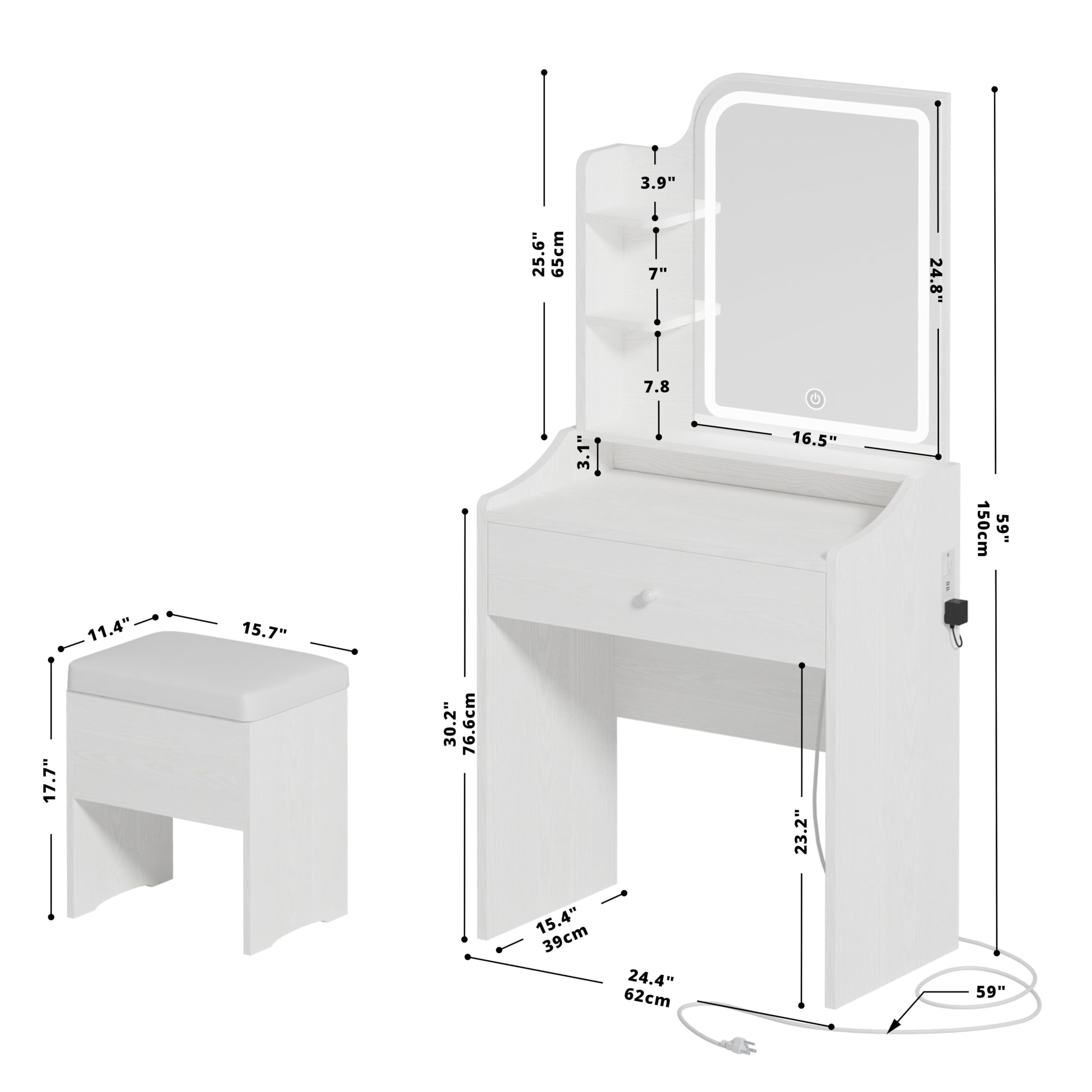 LIKIMIO Small White Makeup Vanity Desk with LED Lights & Mirror - Vanity Table Set with Storage Drawer, Chair & 3 Shelves for Bedroom - Perfect for Makeup Organization & Dressing Room Decor