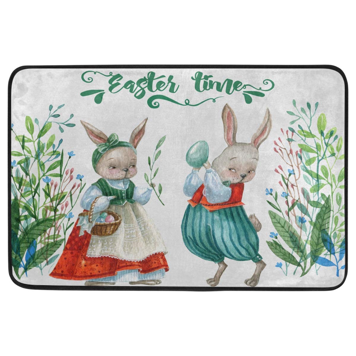 Easter Bunny Egg Flower Door Mat - Cute Animal Non-Slip Washable Floor Mat for Indoor/Outdoor Use - Spring Welcome Decor for Entrance, Bathroom, Home - 23.6