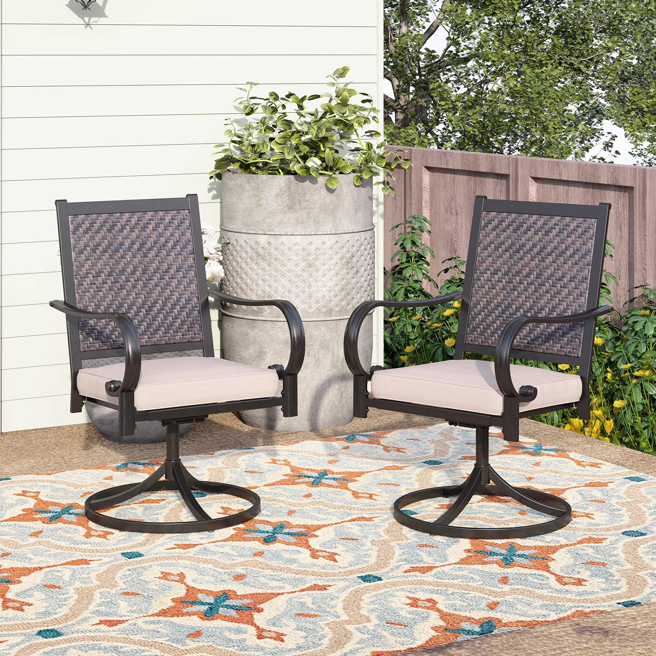 PHI VILLA 2-Piece Dark Brown Rattan Swivel Chairs with Cushions - Indoor/Outdoor Wicker Armchairs for Dining Room, Living Room, Patio, Porch, Yard & Deck - Modern Comfortable Seating for Relaxing & Entertaining