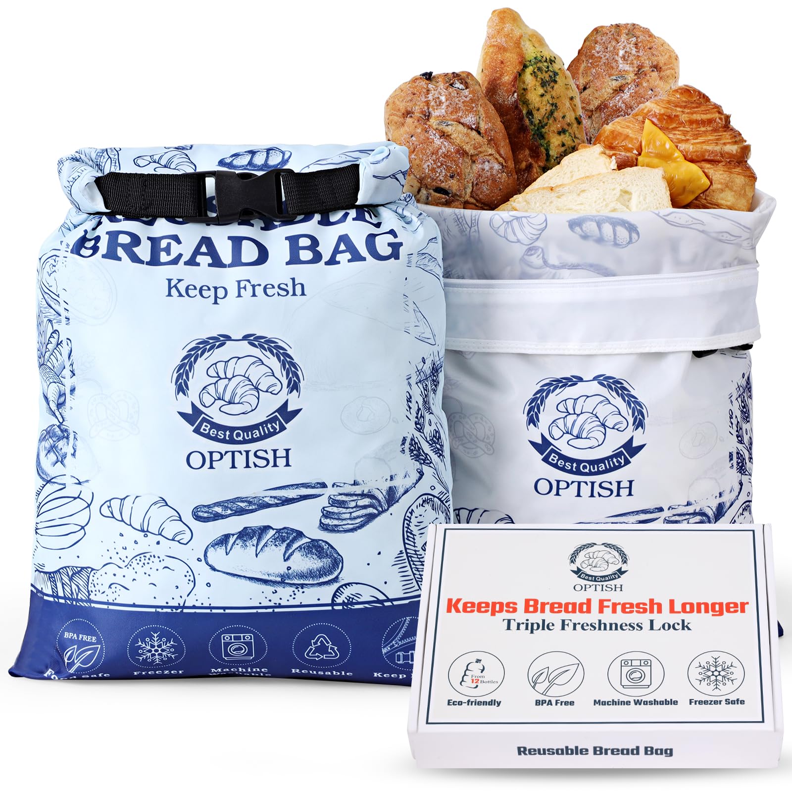 2 Pack Reusable Bread Bags for Homemade Sourdough - BPA Free, Freezer Safe with Lining & Zipper - Perfect for Fresh Keeping & Gift Giving (White & Blue) - Ideal for Bakeries, Home Baking & Food Storage