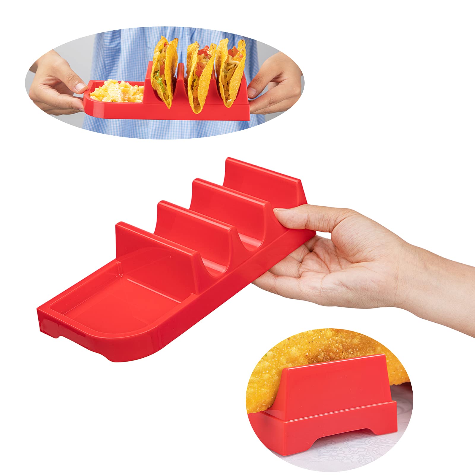 4-Pack Taco Holders with Dividers - Stand for 3 Tacos Each - Oven & Dishwasher Safe Taco Rack - Perfect for Taco Tuesday Parties, Family Dinners & Mexican-Themed Events (Red)