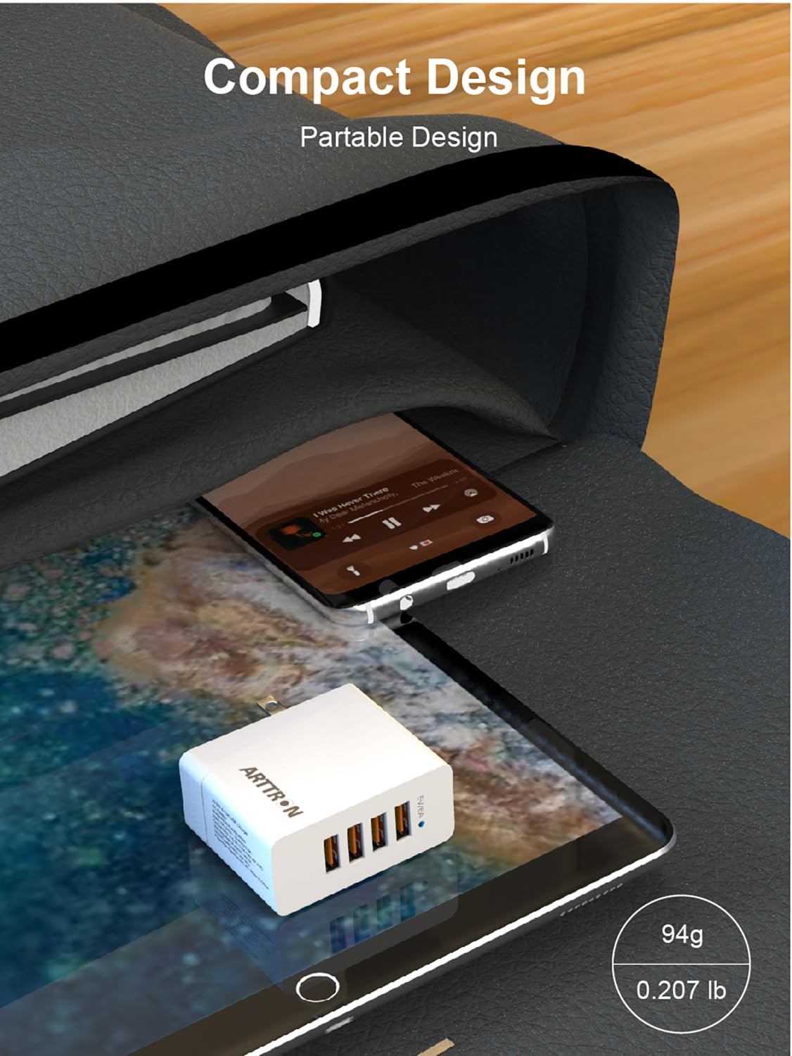 30W 4-Port USB Wall Charger Fast Charging Adapter - Arttron Compact Foldable Plug Multi-Port Charger for iPhone 15/14/13, iPad, Samsung Galaxy, Tablets & Smartphones - Perfect for Home, Office & Travel Use