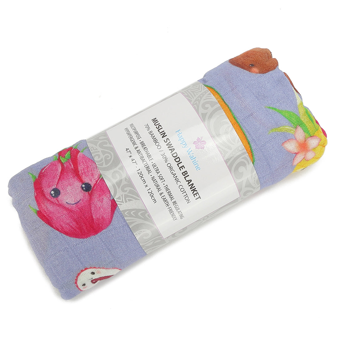 Hawaiian Fruit Print Baby Muslin Swaddle Blanket - Soft Lavender Swaddling Wrap for Newborns & Infants - Perfect for Nursery, Sleep, and Travel