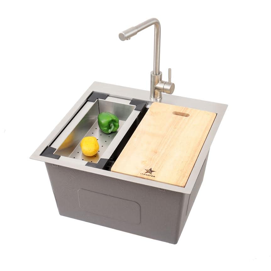 Premium 304 Stainless Steel Single Bowl Kitchen Sink - Drop-in/Topmount Workstation Sink for Home, Yard, Bar, Laundry & Office Use - Includes Grid, Colander, Cutting Board & Strainer (22