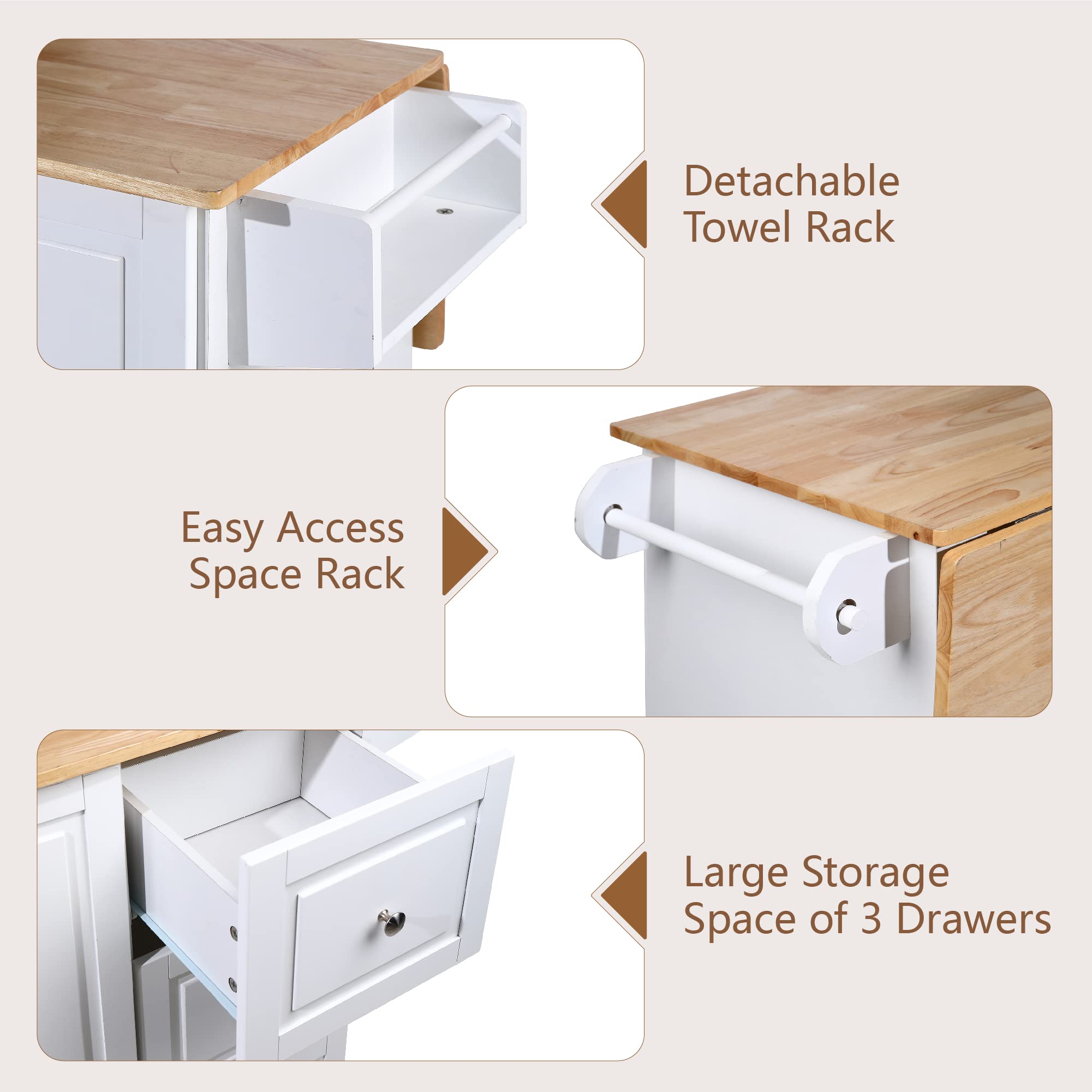 MFSTUDIO White Rolling Kitchen Island Cart with Drop-Leaf, 3 Drawers & Adjustable Shelf - Mobile Storage Cabinet with Wood Countertop, Towel Bar & Spice Rack - Perfect for Small Kitchens, Dining Rooms & Apartment Living