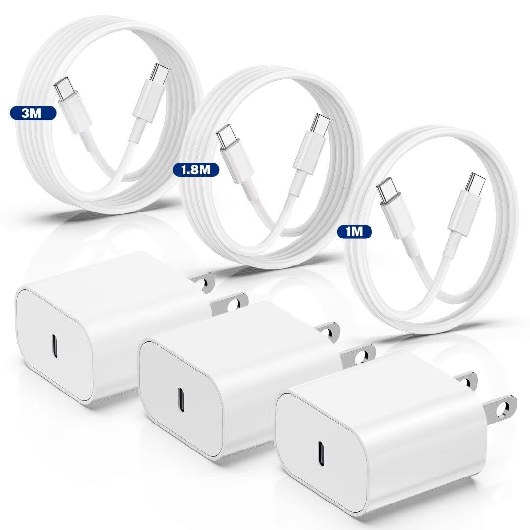 20W Fast Charger 3-Pack with 3/6/10FT USB C Cables - Compatible with iPhone 16/15/15 Plus/15 Pro Max, iPad Pro/Air, AirPods & Samsung Galaxy - Quick Charging for Home, Office & Travel