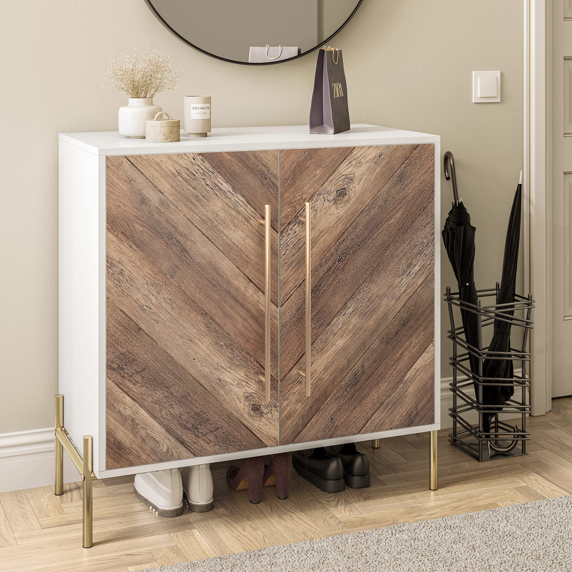 BELLEZE 32 Inch Rustic Oak Sideboard Buffet Cabinet - Large Storage Accent Cabinet with Console Table, Coffee Bar Table for Living Room, Kitchen or Entryway - Perfect for Home Organization & Entertaining Guests