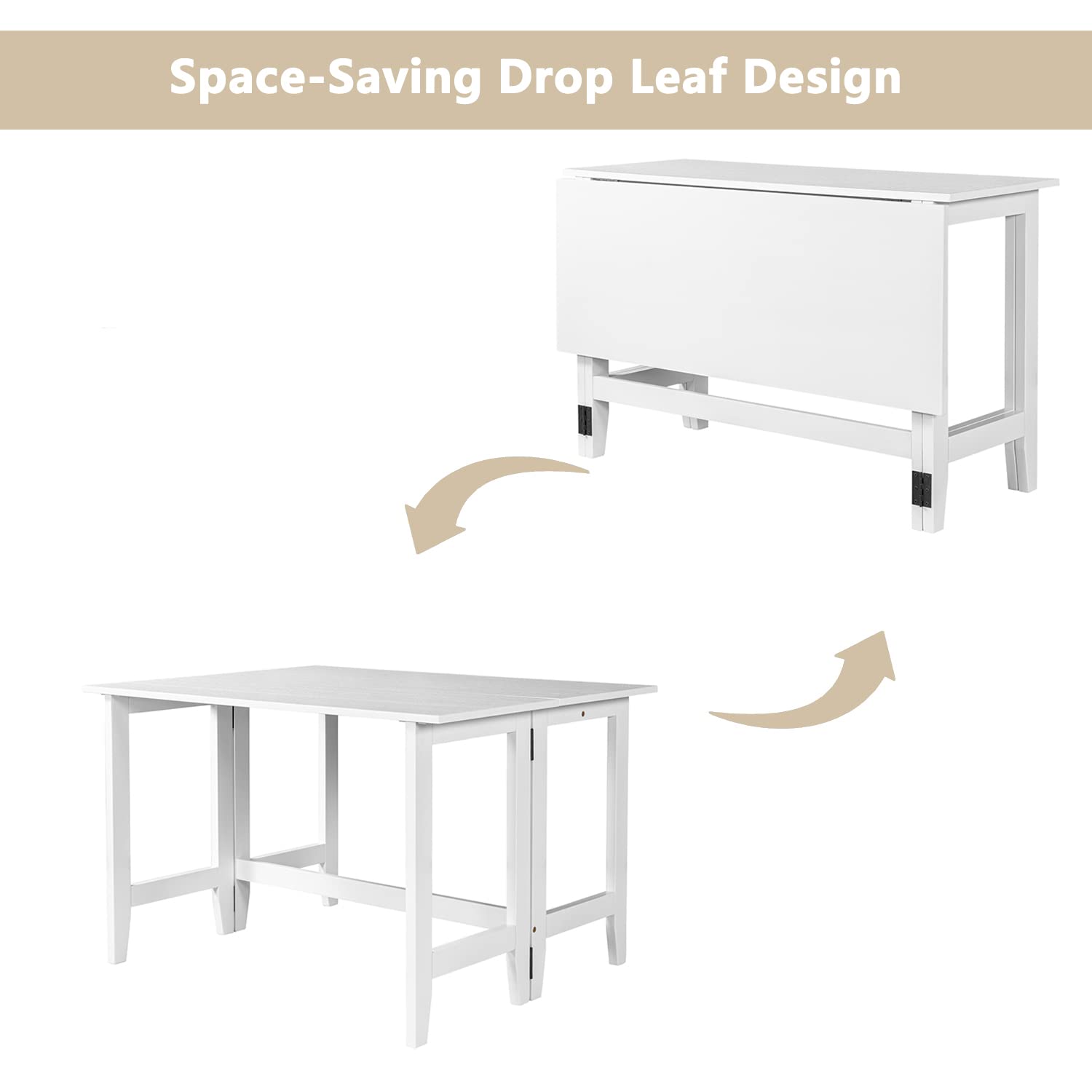 Farmhouse Drop Leaf Folding Dining Table - Solid Wood Extendable Kitchen Table for Small Spaces (18