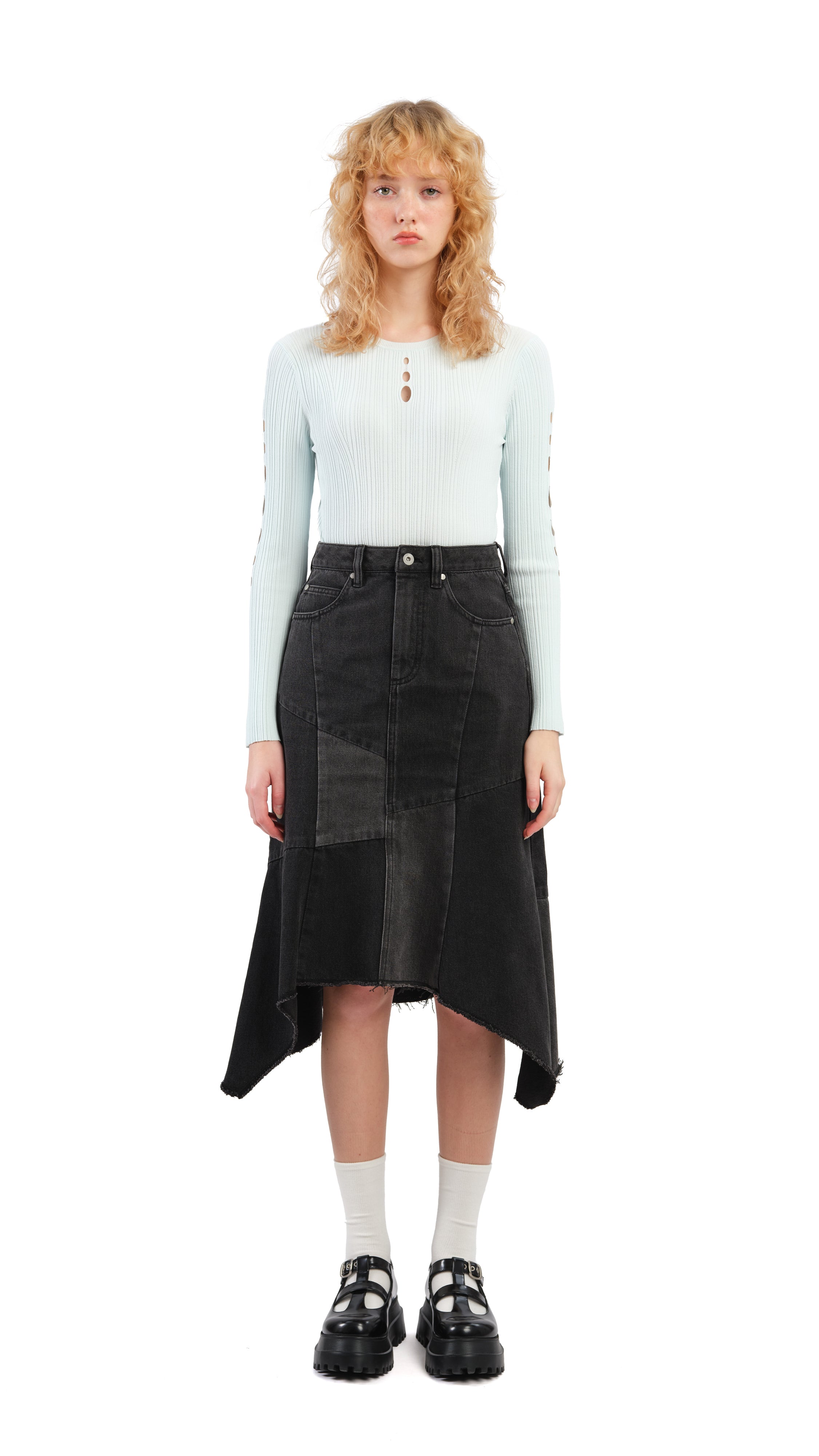 Vintage Rebuilt Denim Fishtail Skirt for Women - Distressed High Waist A-Line Denim Skirt with Asymmetrical Hem | Perfect for Boho Outfits, Casual Wear & Street Style Fashion