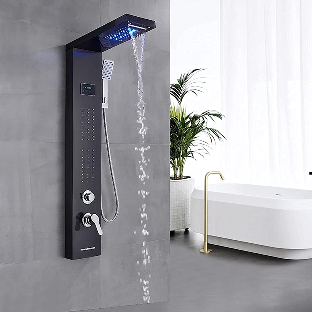 5-Function LED Black Stainless Steel Shower Panel System with Waterfall Rain Shower Head, Massage Jets & ABS Hand Shower - Perfect for Modern Bathroom Spa Experience