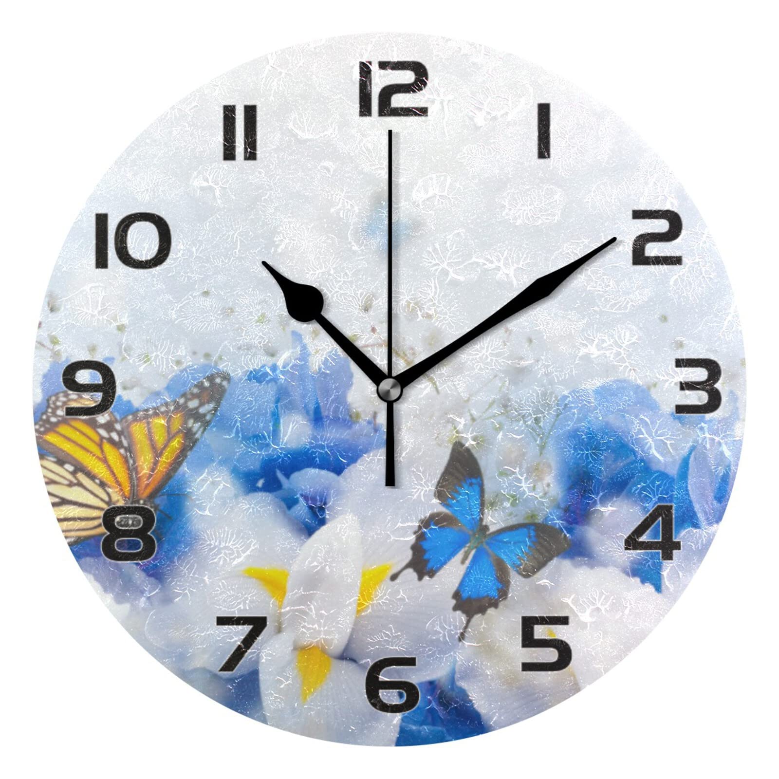 Qilmy Blue Butterfly Wall Clock - Silent Non-Ticking Round Oil Painting Wall Clock for Living Room, Kitchen, Bedroom & Dining Room | Perfect Home Decor & Gift Idea