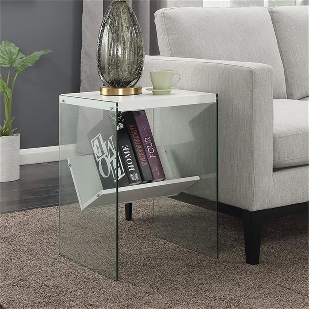 White Wood Finish & Clear Glass End Table Set of 2 - Modern Side Table for Living Room, Bedroom, or Office - Perfect for Coffee, Books, and Decor