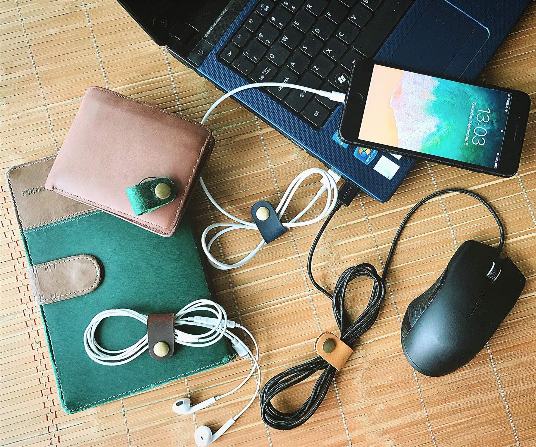Premium Leather Cord Organizer - Earbud Case, Headphone Wrap & USB Cable Holder for Tangle-Free Storage | Perfect for Travel, Office & Home Use