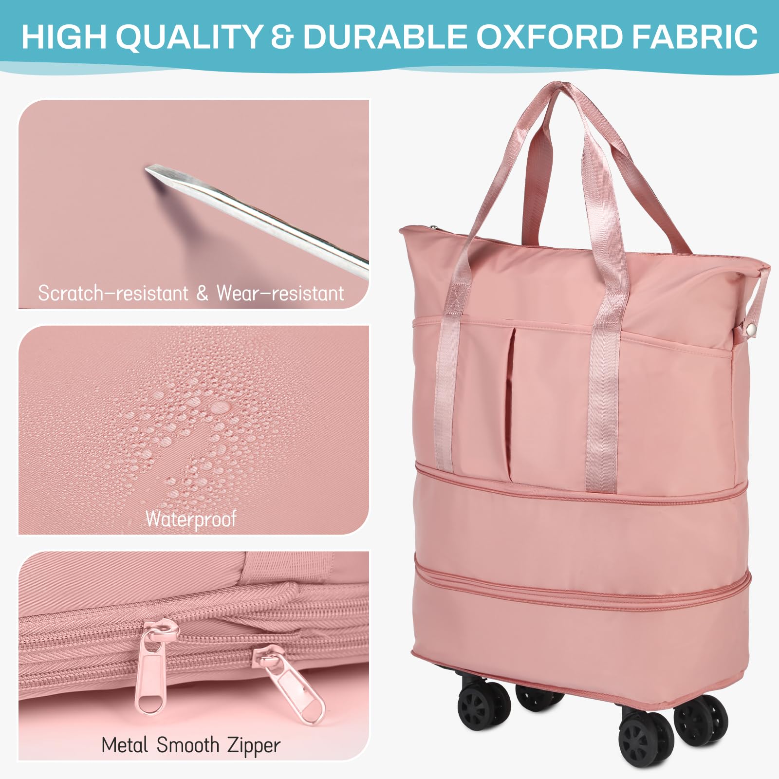 VOOWO Expandable Rolling Duffle Bag with Wheels - Foldable Wheeled Travel Duffel for Carry On Luggage, Large Weekend Bag for Women & Men - Perfect for Air Travel, Gym & Road Trips