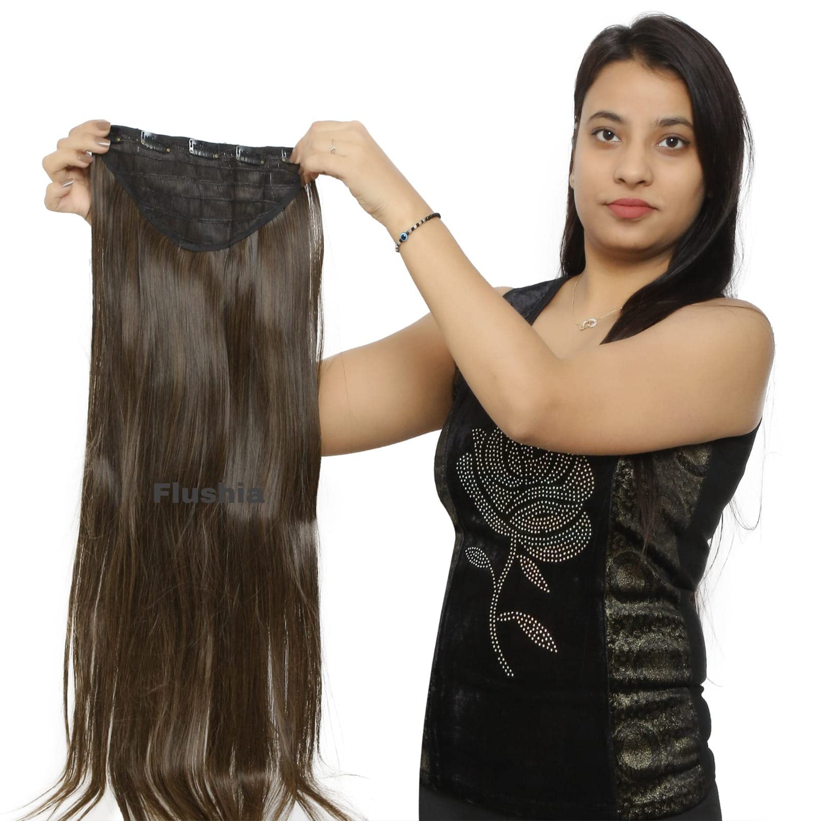 FLUSHIA 5 Clip-in Synthetic Hair Extensions for Women - Curly/Wavy Human-Like Hair Extensions in Golden-Brown (2T27) | Perfect for Daily Wear, Parties, Weddings & Cosplay