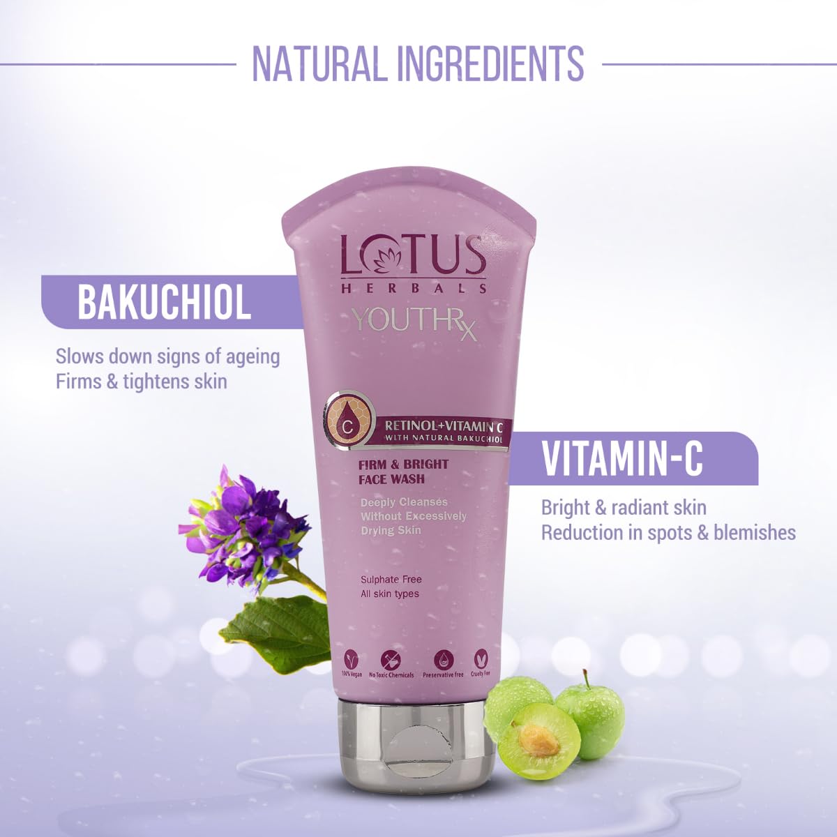 Lotus Herbals YouthRx Firm & Bright Face Wash with Bakuchiol Retinol & Vitamin C - Anti-Aging & Brightening Cleanser for Glowing Skin (100ml) | Perfect for Daily Skincare Routine & Anti-Wrinkle Treatment