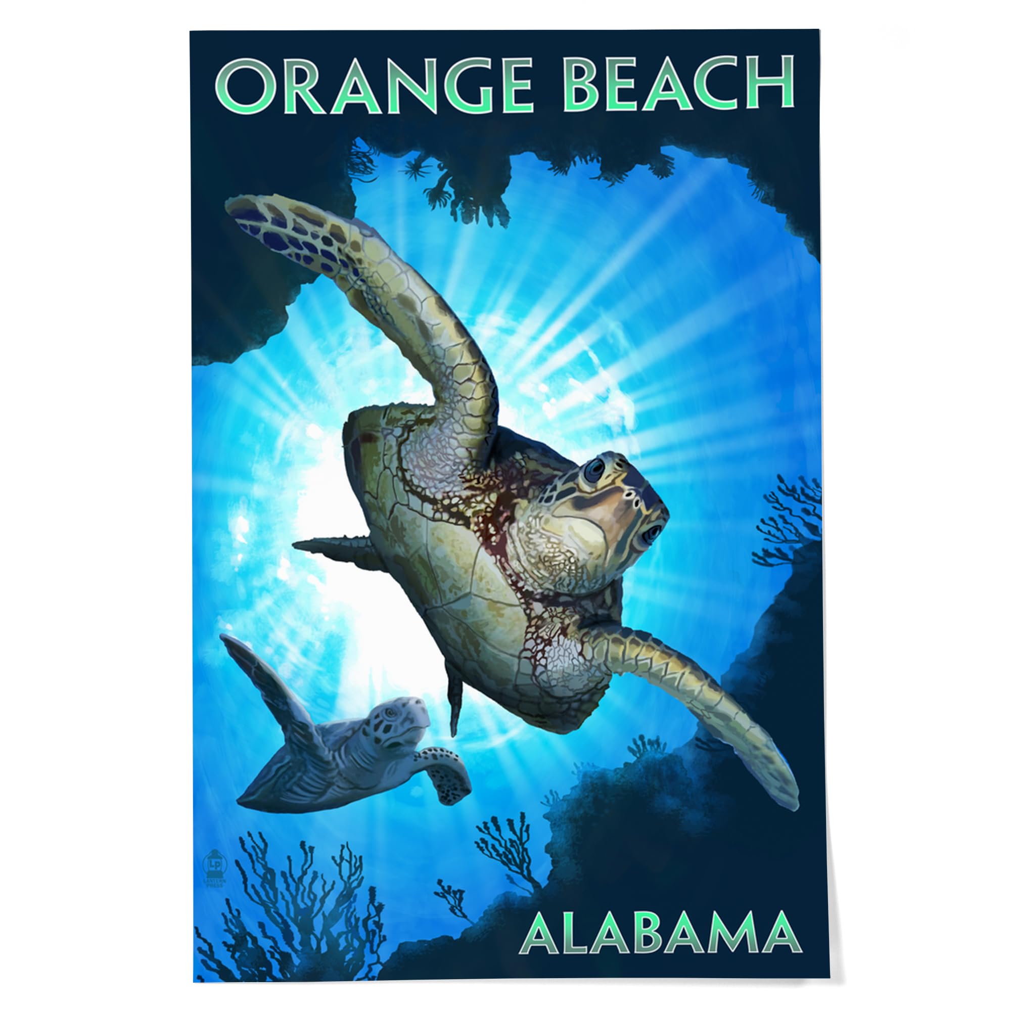 Lantern Press 24x36 Inch Giclee Art Print - Orange Beach Alabama Coastal Wall Decor with Sea Turtles Diving - Perfect for Beach House, Living Room or Office Wall Art