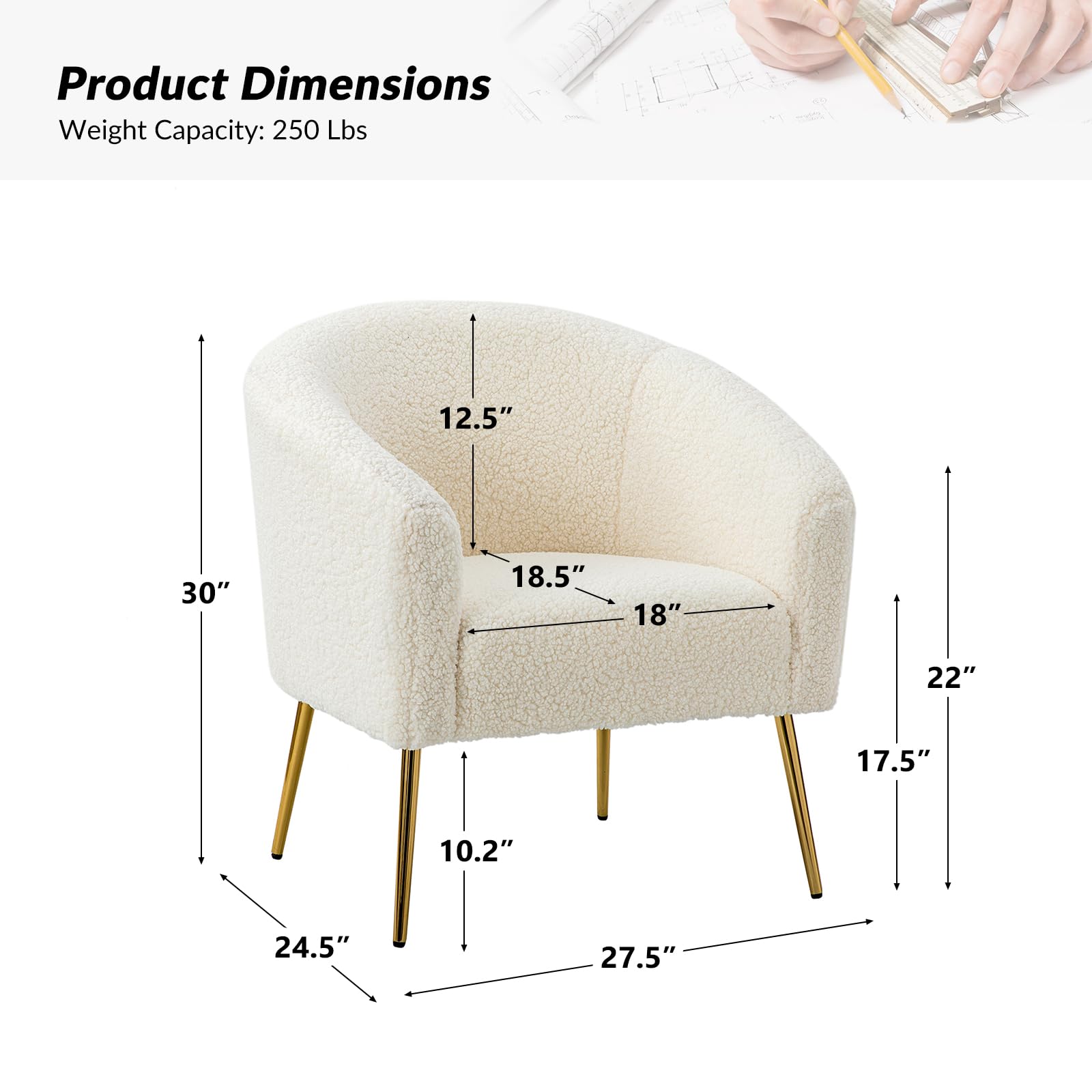 HULALA HOME Modern Upholstered Accent Chair with Golden Metal Legs & Armrest - Ivory Living Room, Bedroom, Home Office & Waiting Room Chair - Perfect for Reading Nook, Vanity Dressing & Guest Seating