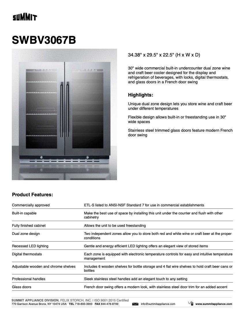 SUMMIT 30-Inch Undercounter Built-In Wine Cooler & Beverage Refrigerator (SWBV3067B) - Perfect for Kitchen, Bar, or Entertainment Room Wine Storage