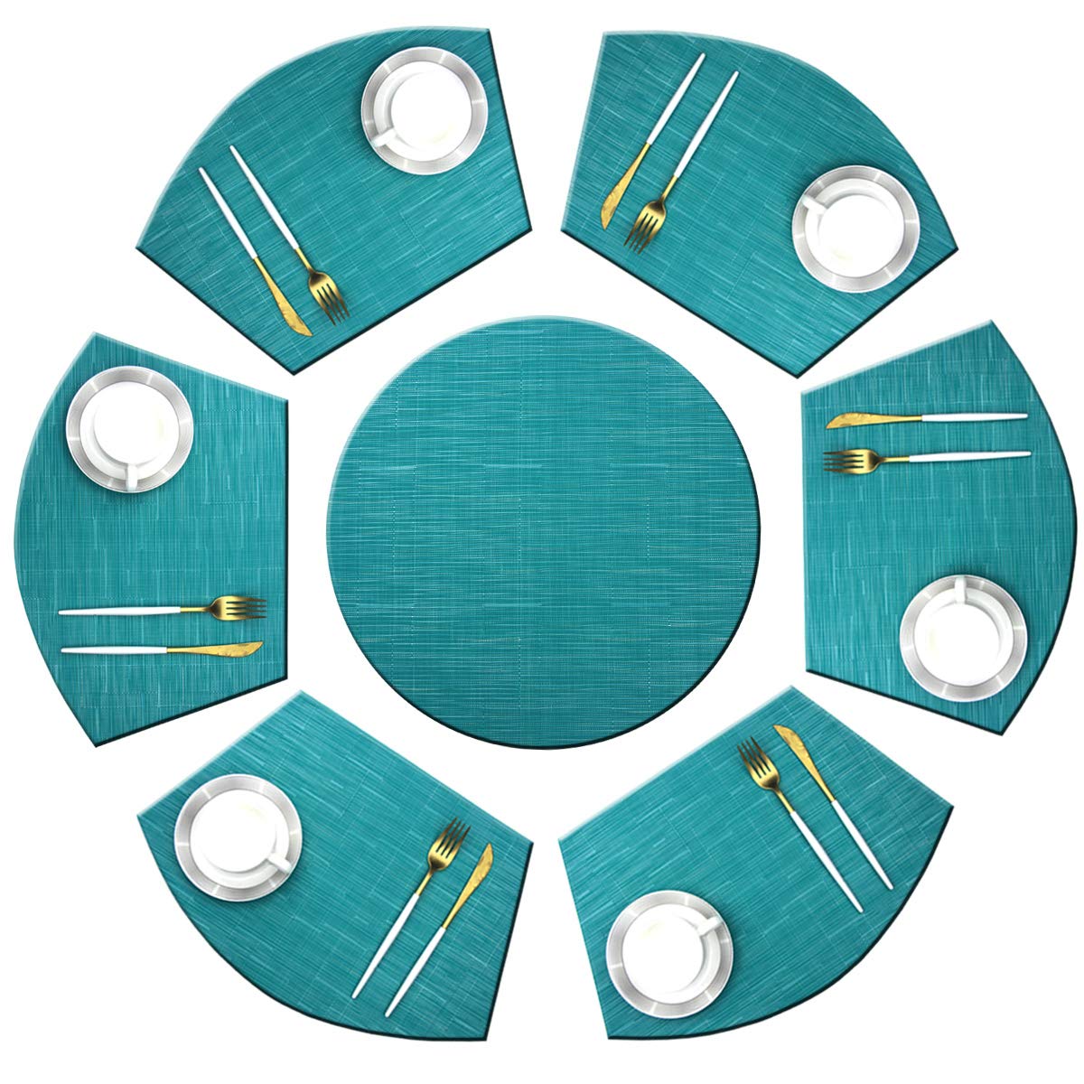 Bright Dream Wedge Placemats Set - 1 Round & 6 Wedge Vinyl Woven Heat-Resistant Table Mats for Dining - Easy to Clean Blue Place Settings - Perfect for Family Dinners, Parties & Holiday Decor