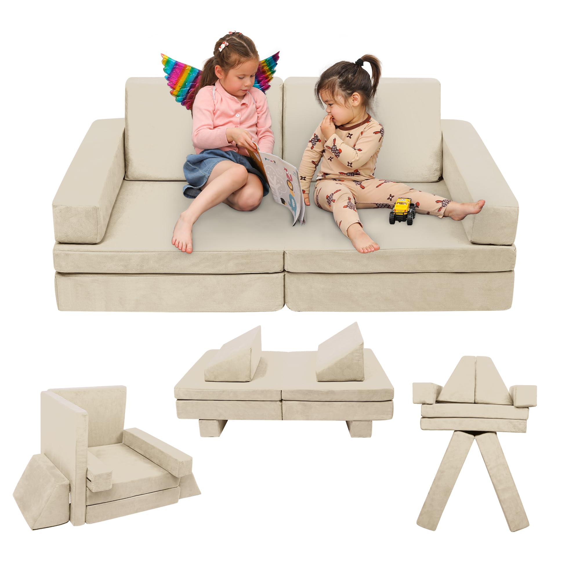 **Modular Kids Play Couch - Medium Size Convertible Foam Cushion Sofa for Boys & Girls | Square Armrest, Beige | Build Forts, Playroom Fun & Indoor Adventure**