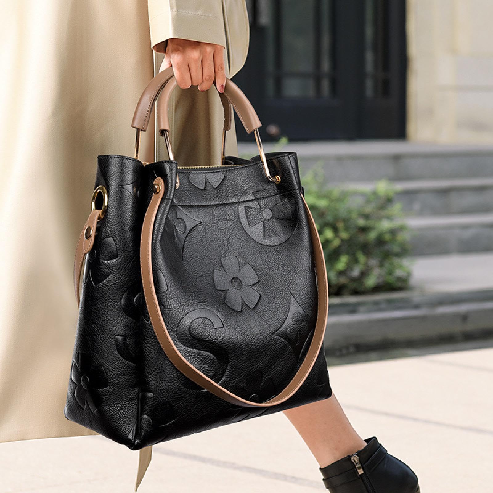 Stylish Women's Large Capacity Embossed Leather Bucket Bag - Fashionable Tote Handbag with Slanted Handle for Everyday Use, Work, and Travel - Black