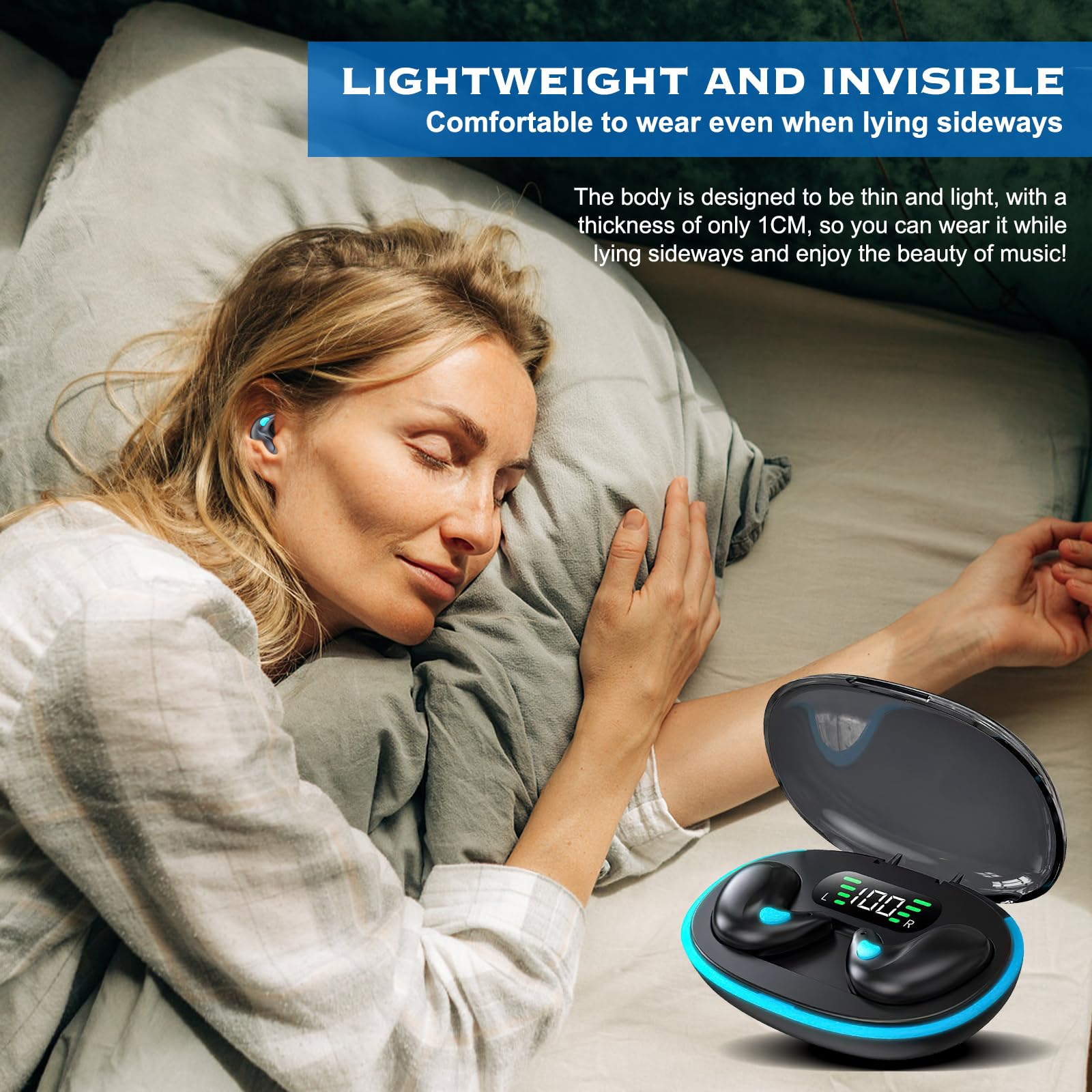 Bone Conduction Sleep Bluetooth Earbuds - Wireless 5.3 Noise Canceling In-Ear Headphones for Sleeping, Sports & Work | Rechargeable Comfort Earphones (Black) | Perfect for Nighttime Relaxation, Gym Workouts & Office Focus