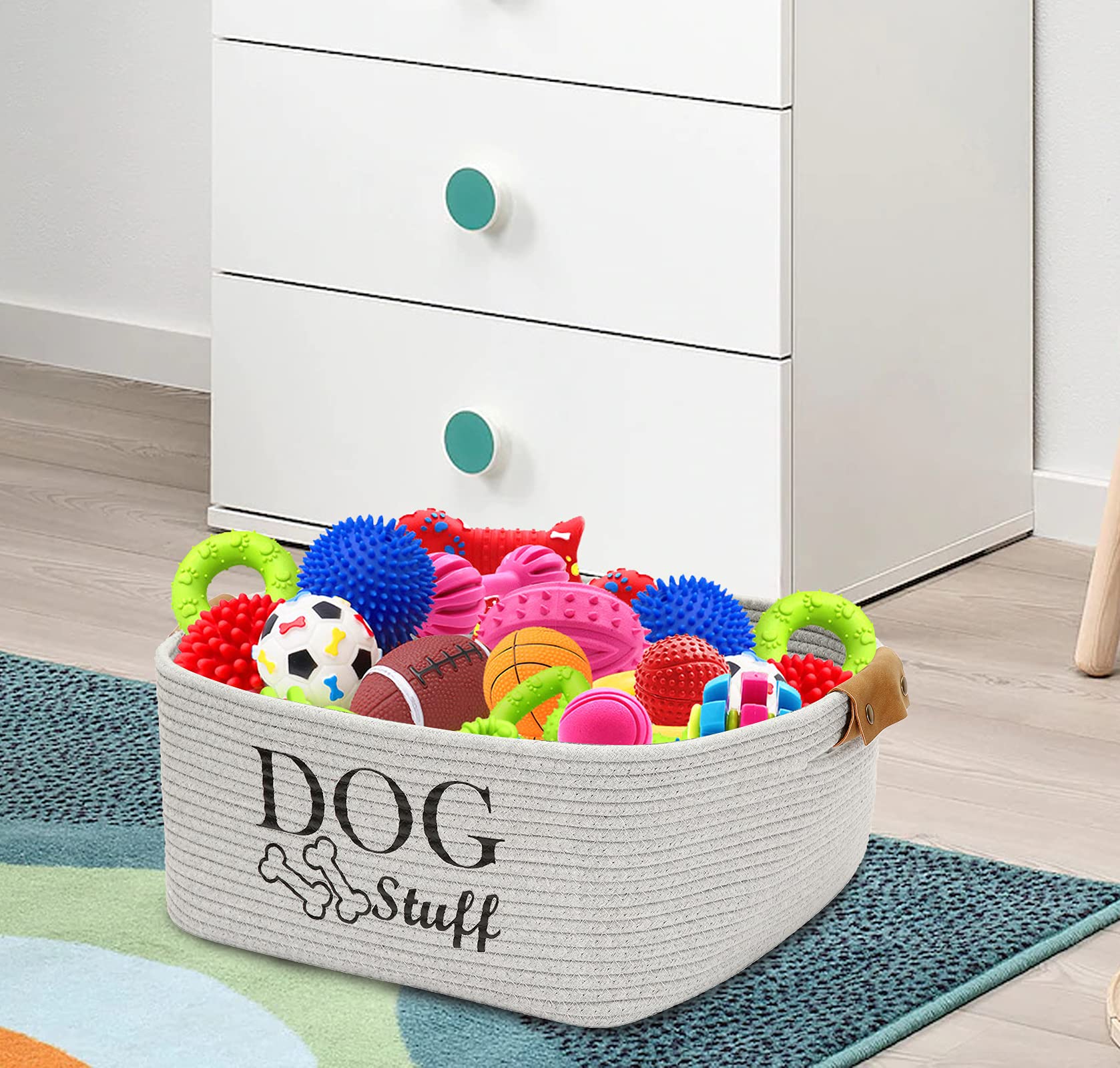 Geyecete Square Cotton Rope Dog Toy Storage Basket - Pet Accessory Organizer Bin with Lid, Gray | Perfect for Living Room, Bedroom & Pet Play Area Organization