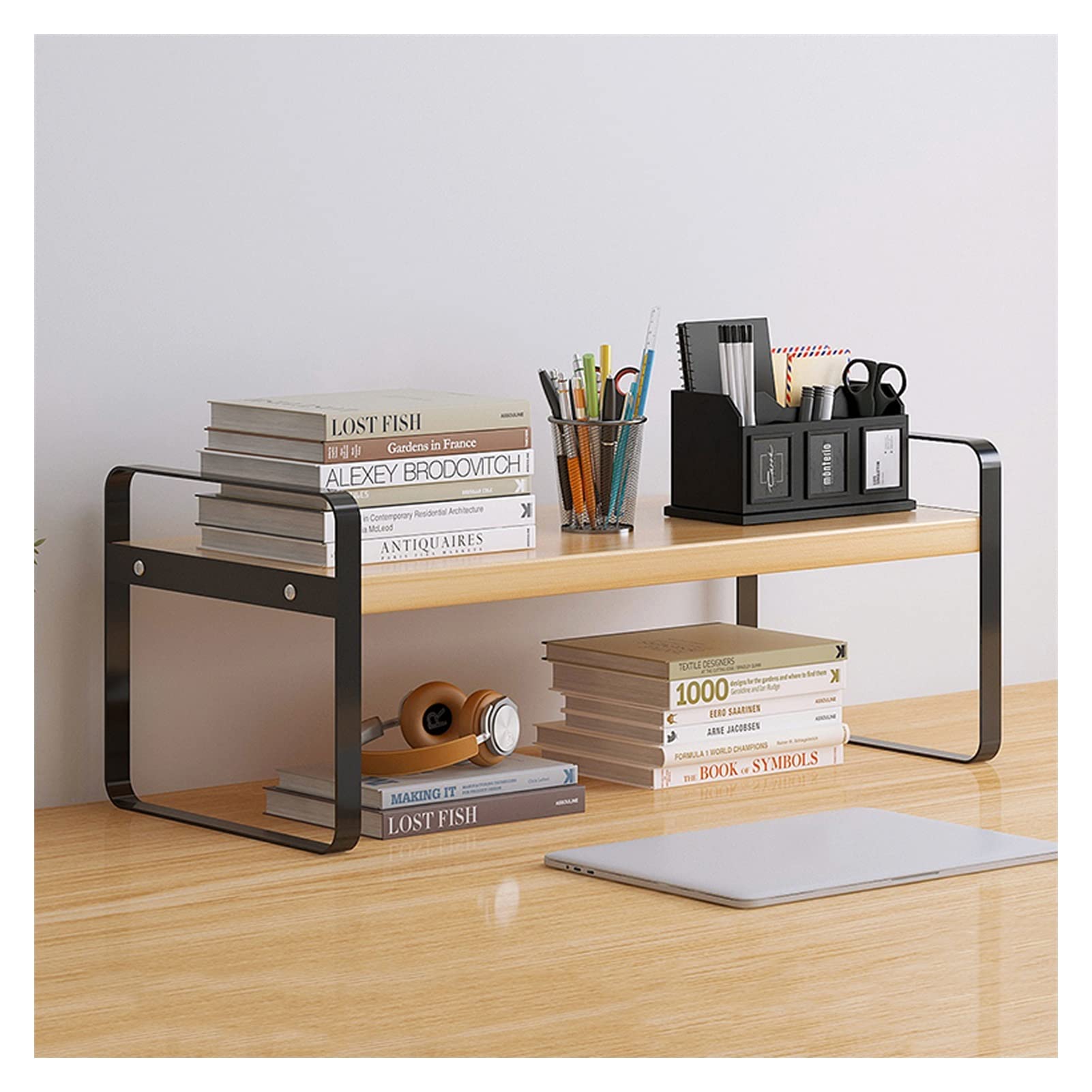 Small Iron Art Desktop Bookshelf - Simple Office Organizer & Storage Rack for Books, Supplies (Black, 30x20x18cm) - Perfect for Home Office, Study Room & Workspace Organization