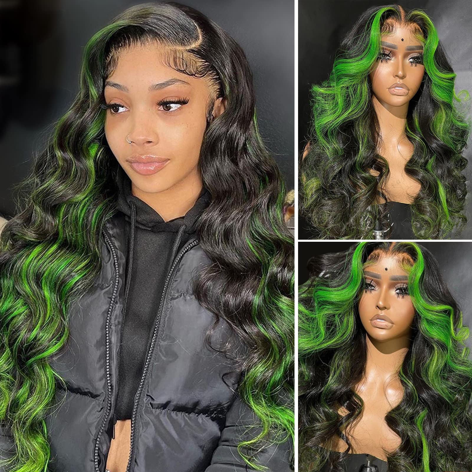 BLG 180% Density Green Human Hair Wig - 13x6 Lace Front Wig with Baby Hair, Pre-Plucked Body Wave Virgin Hair, 26 Inch Black & Green Colored Lace Frontal Wig for Cosplay, Halloween, Fashion Shows and Daily Wear