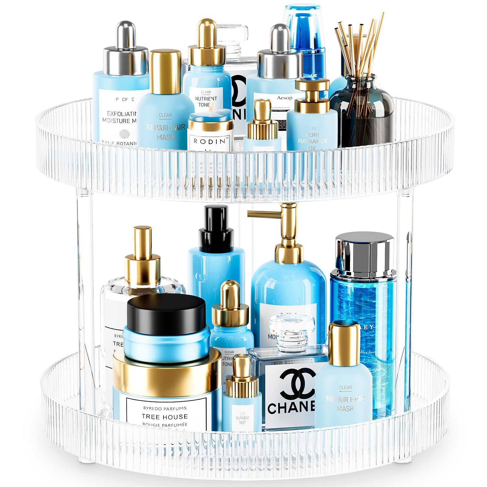 360° Clear Rotating Storage Tray - 2 Tier Lazy Susan Organizer for Bathroom Countertop | Spinning Vanity Shelf for Cosmetics, Perfume & Kitchen Supplies | Perfect for Bathroom Cabinet & Counter Organization (Medium Size)