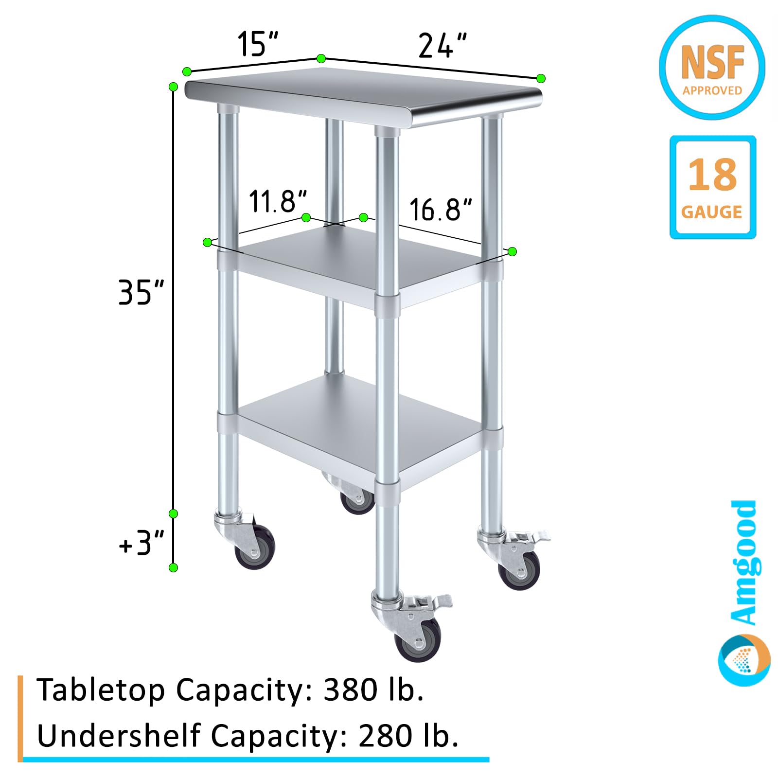AmGood Stainless Steel Work Table with 2 Shelves & Wheels - Heavy Duty Metal Utility Table 15