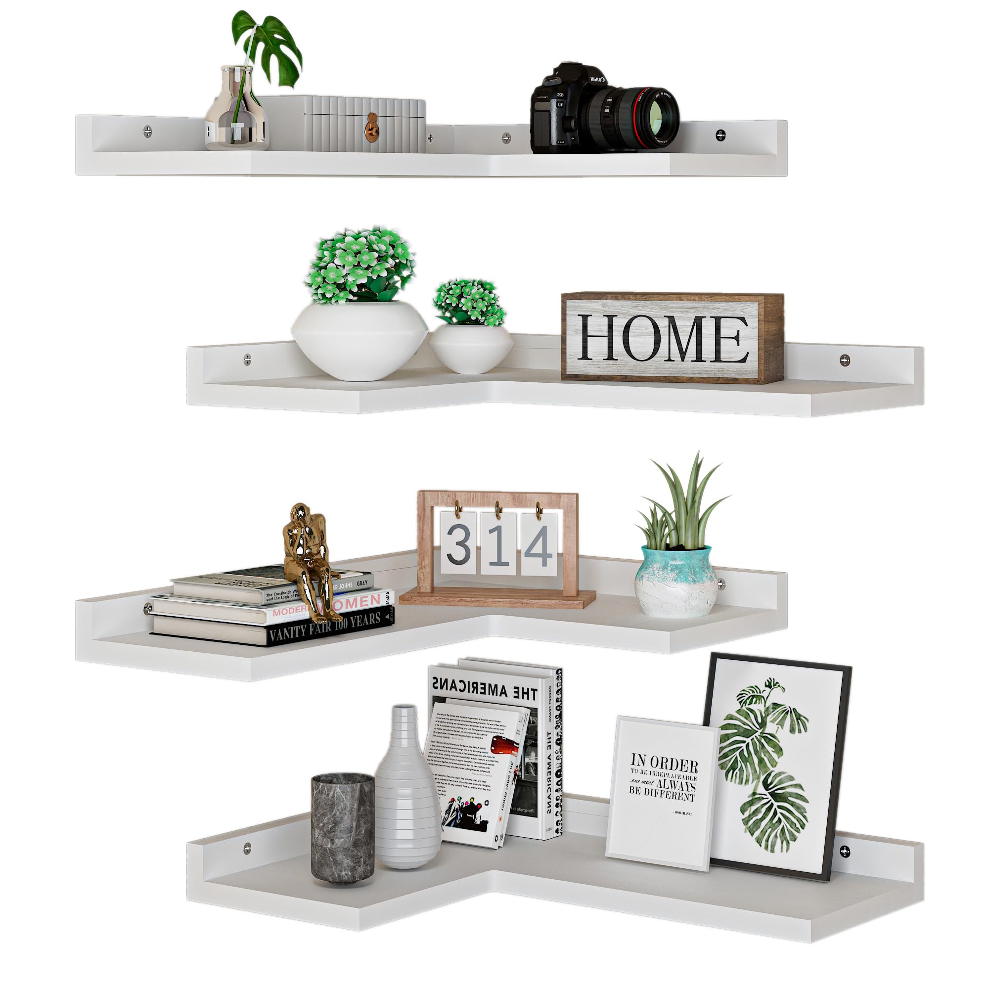 4 Tier White Floating Corner Shelves Set of 4 - Rustic Pine Wood Wall Mounted L-Shaped Shelf for Home Decor & Storage - Perfect for Bedroom, Living Room, Bathroom & Kitchen Organization