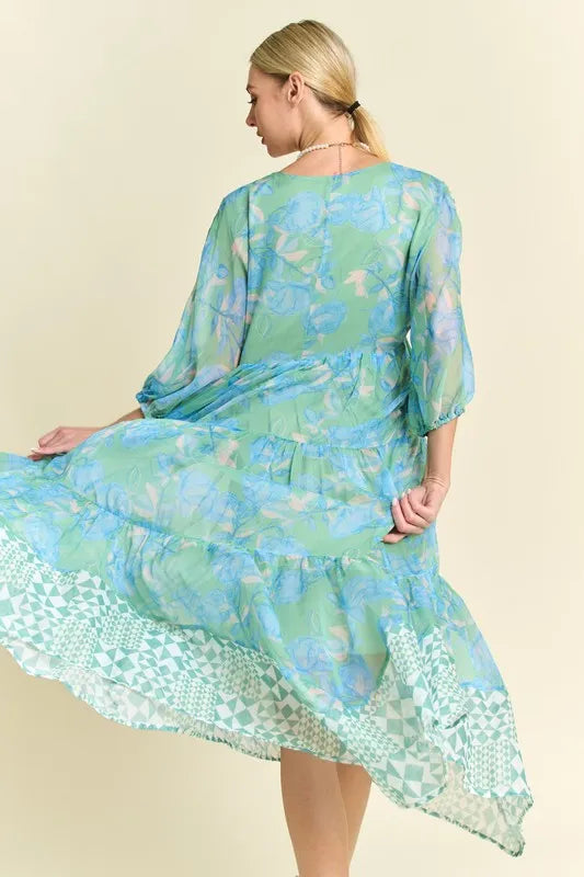 Floral Print Mixed Mint Green Tiered Midi Dress for Women - Summer Casual Boho Chic Dress for Beach, Party & Vacation